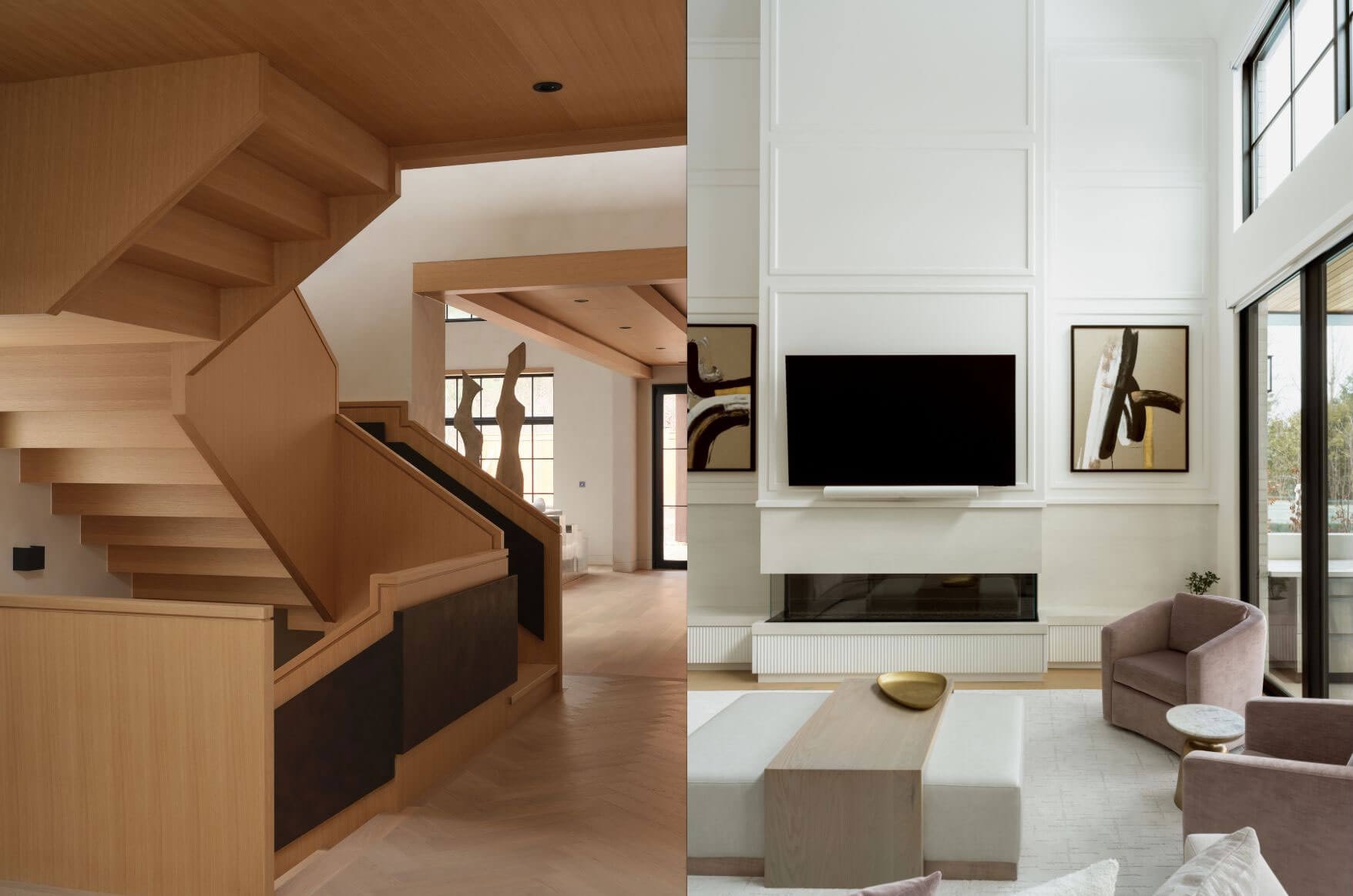 Completed living room with sculptural staircase and fireplace