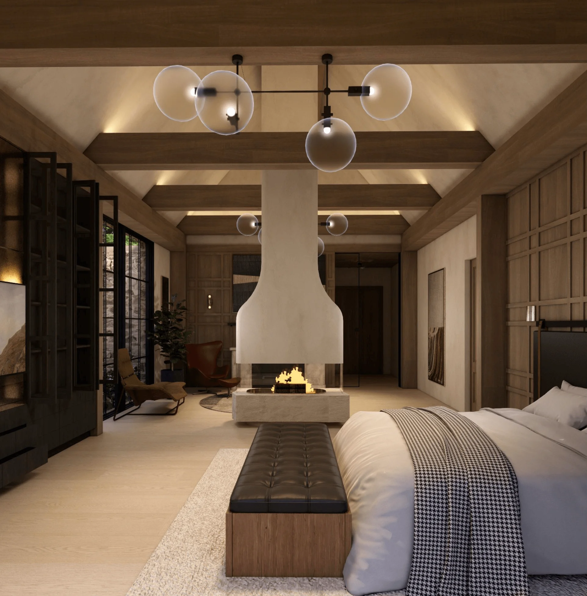 Layered living room with fireplace and pendant lighting
