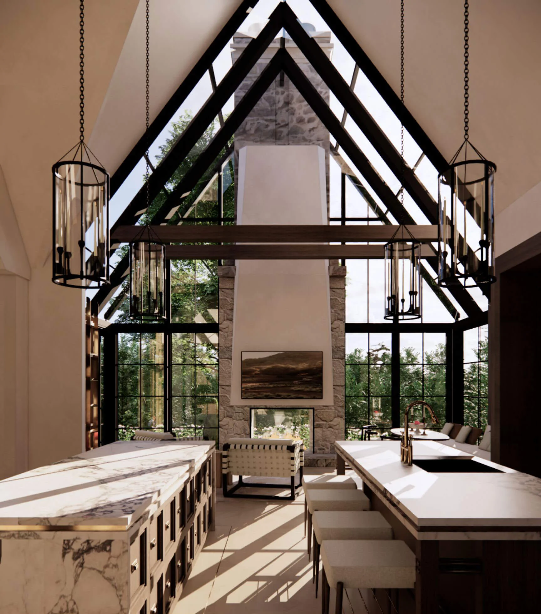 Daylit stone kitchen and glazed gable