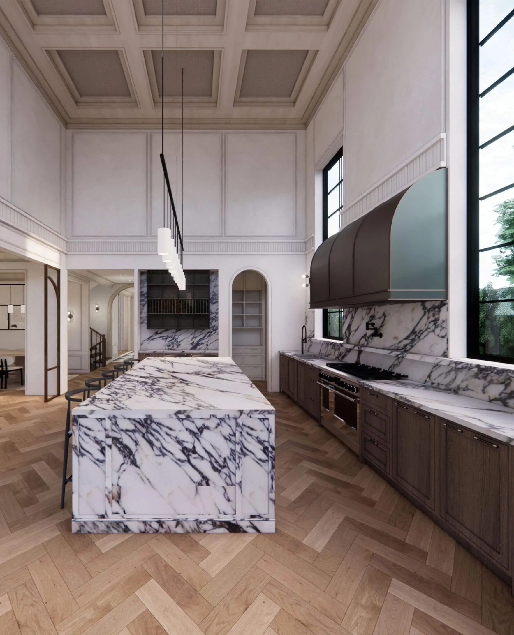 Kitchen artistic model showing marble island and daylight