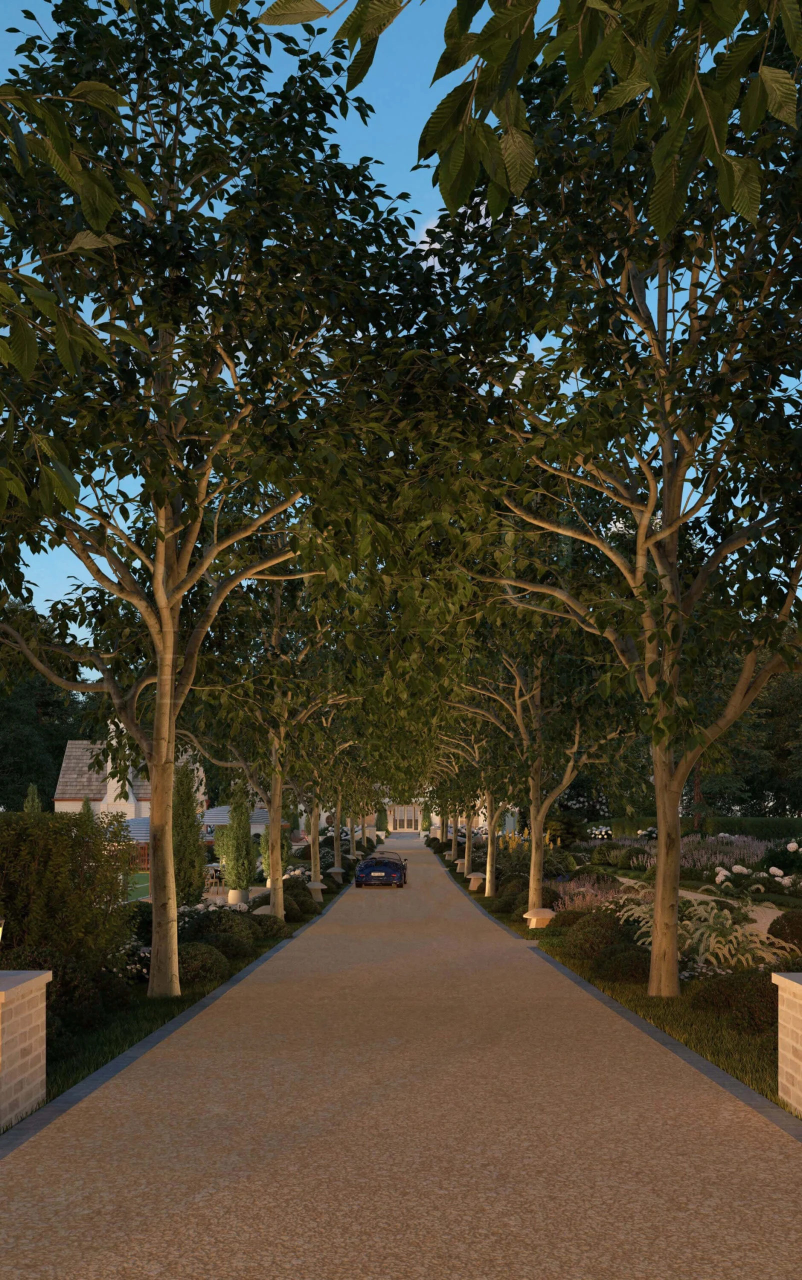 Terraced gardens connecting a residence to outdoor amenities