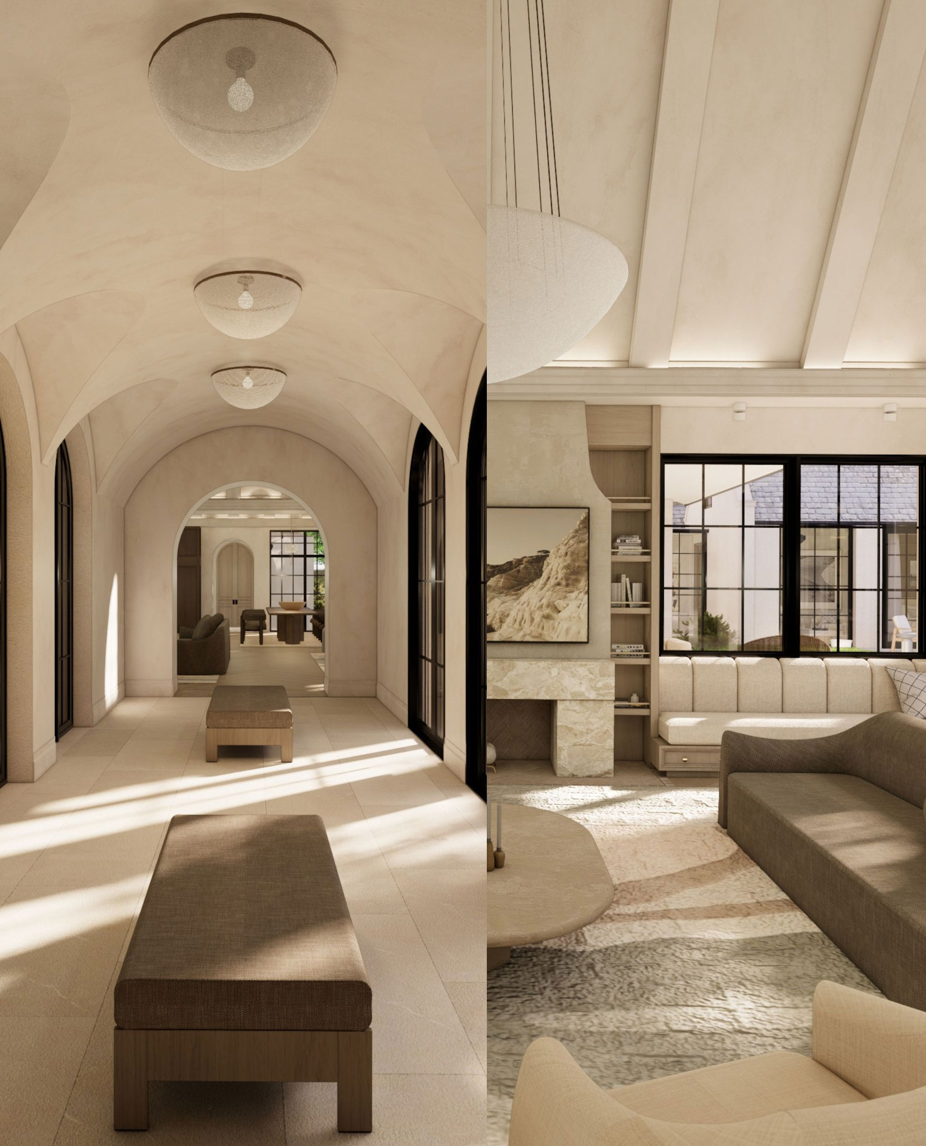 Sunlit interior with arched openings and timber cabinetry