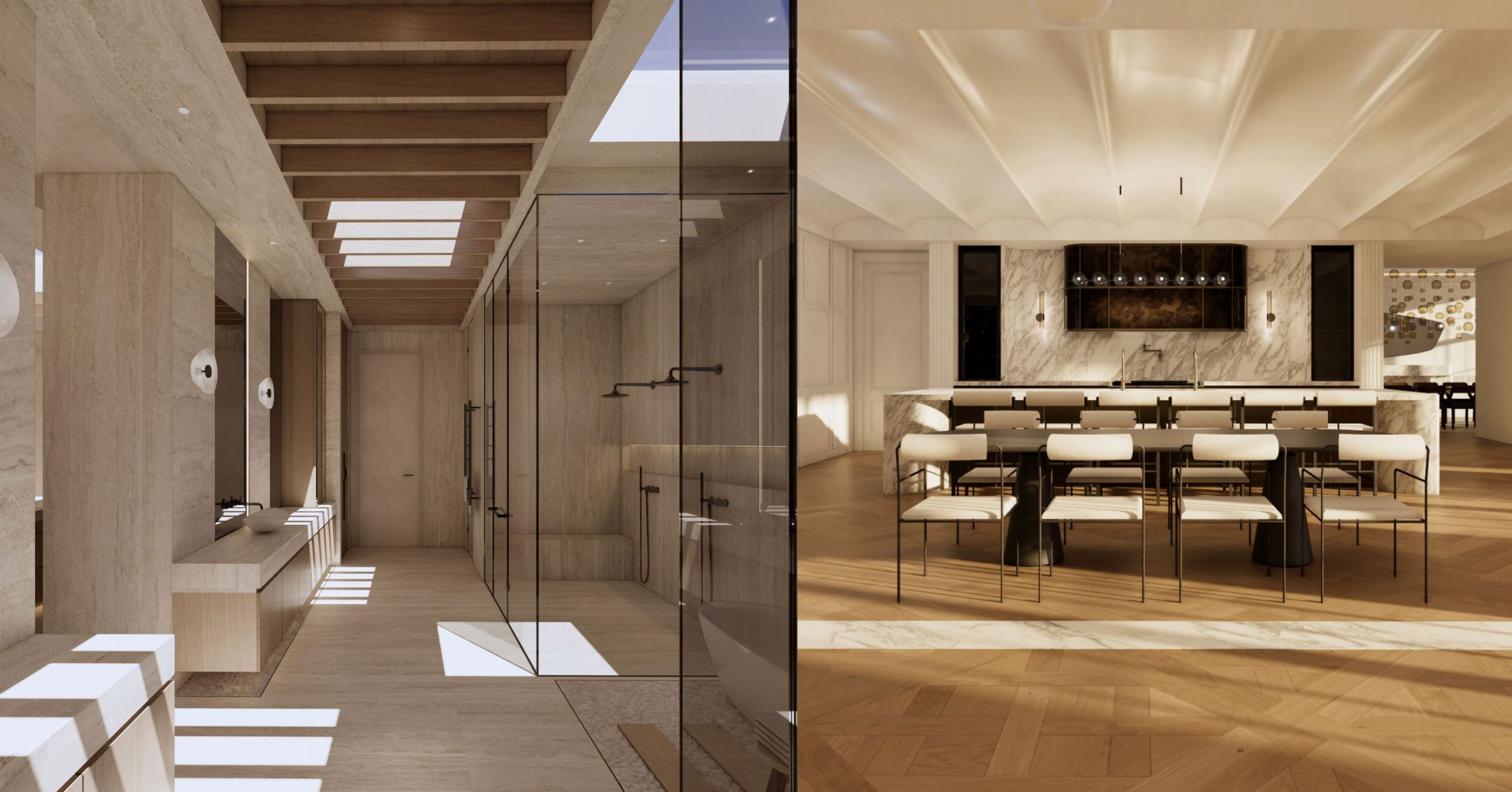 Artistic interior models of a bathroom and dining room