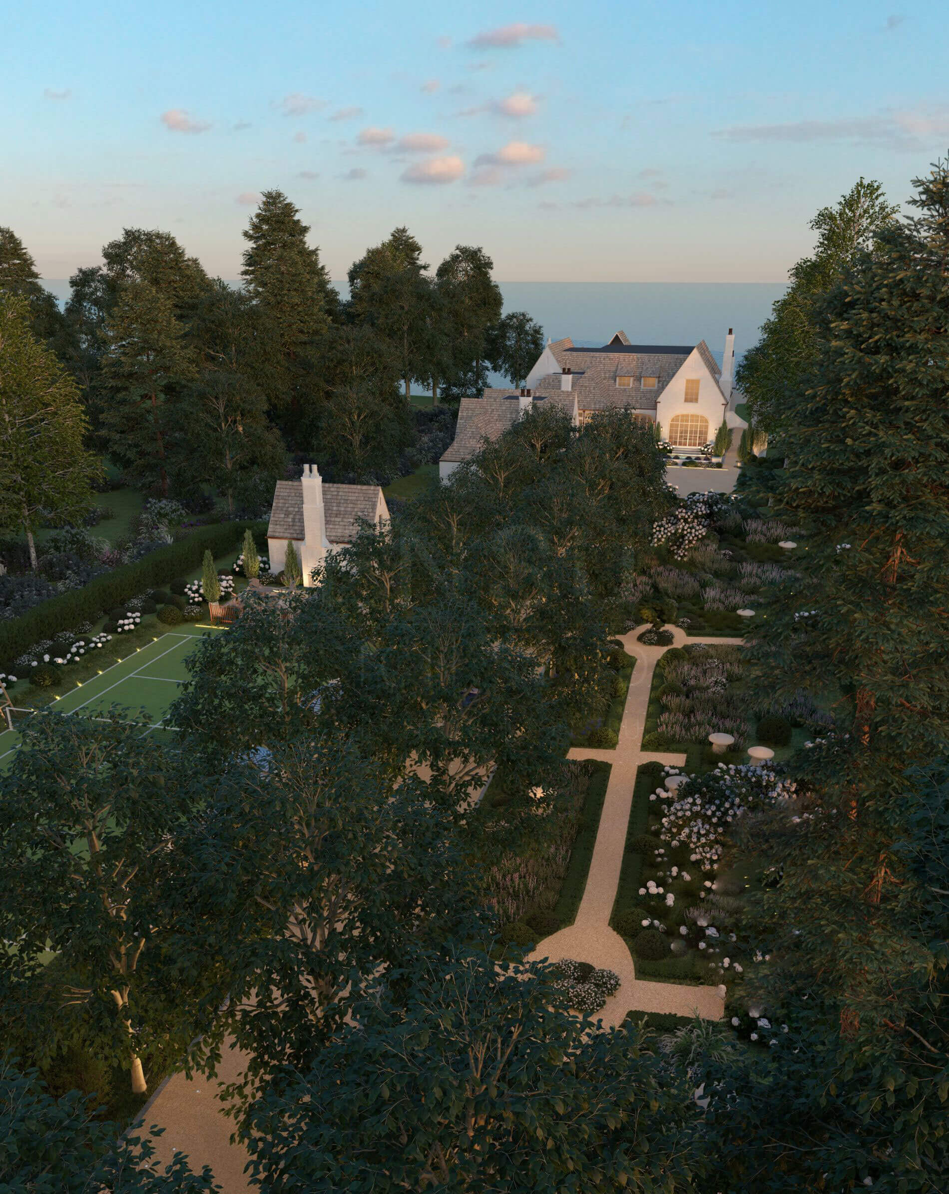 Garden paths and tree canopy surrounding a residence