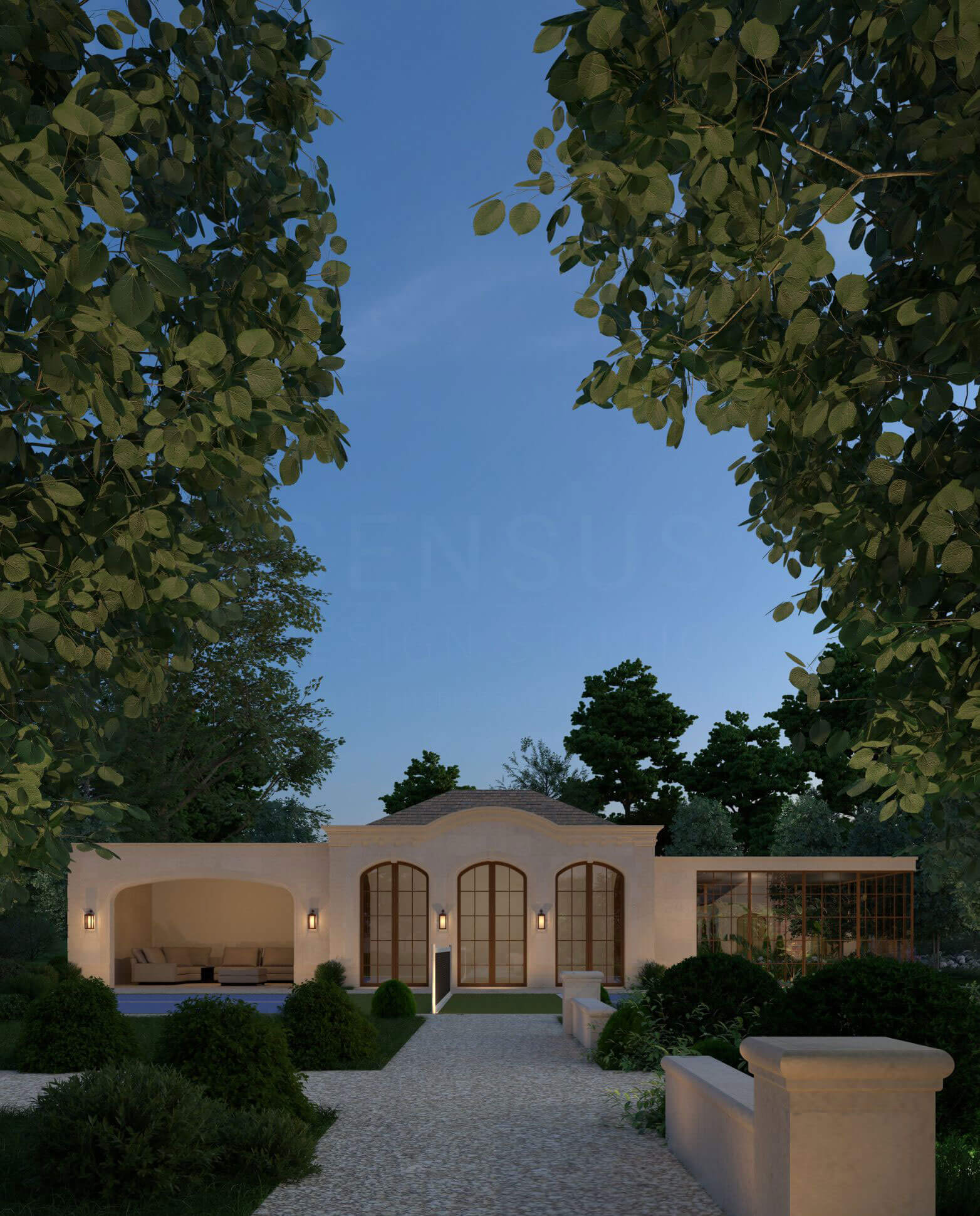Arched garden pavilion and outdoor amenities