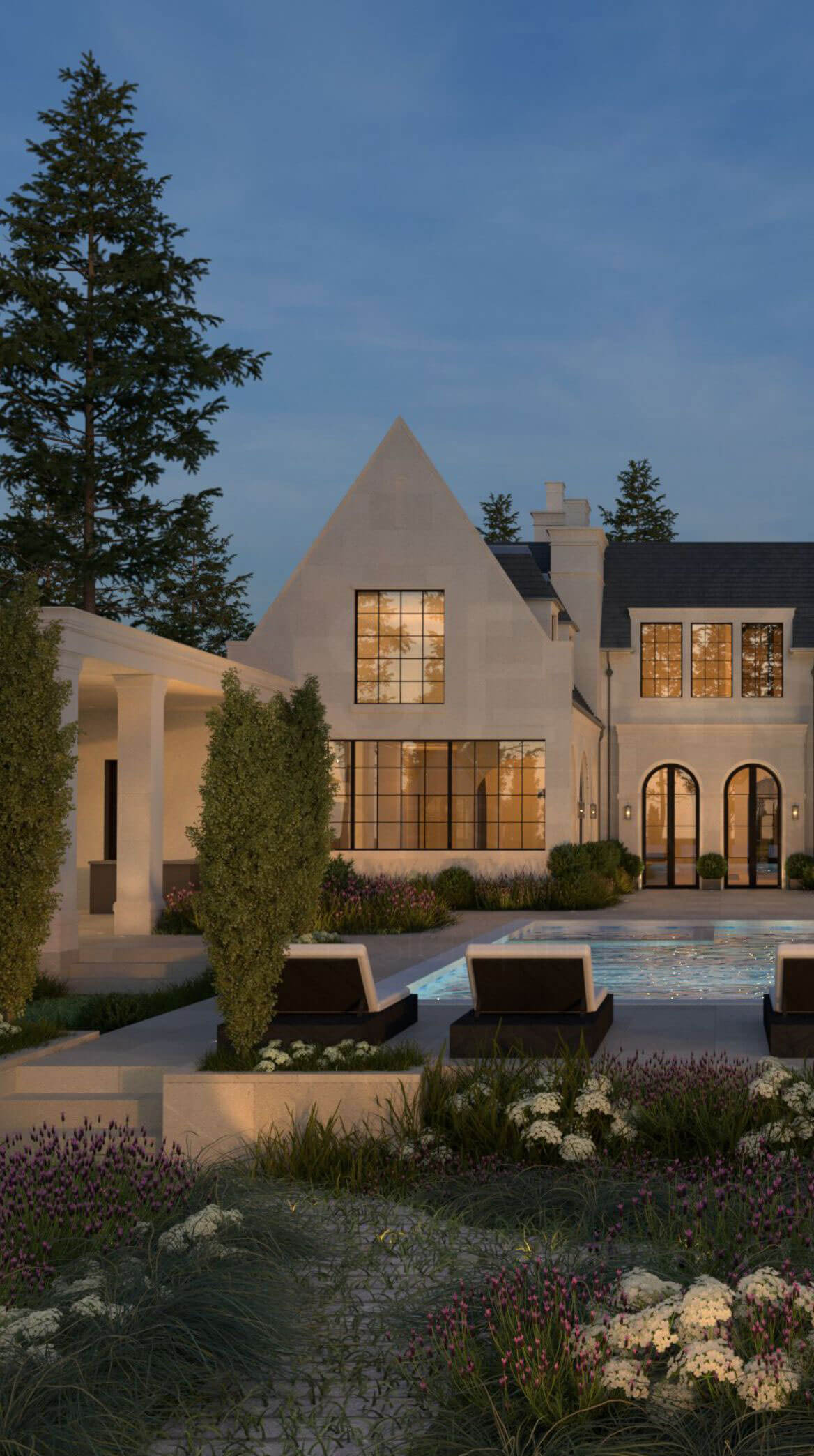 Stone residence and planted garden borders