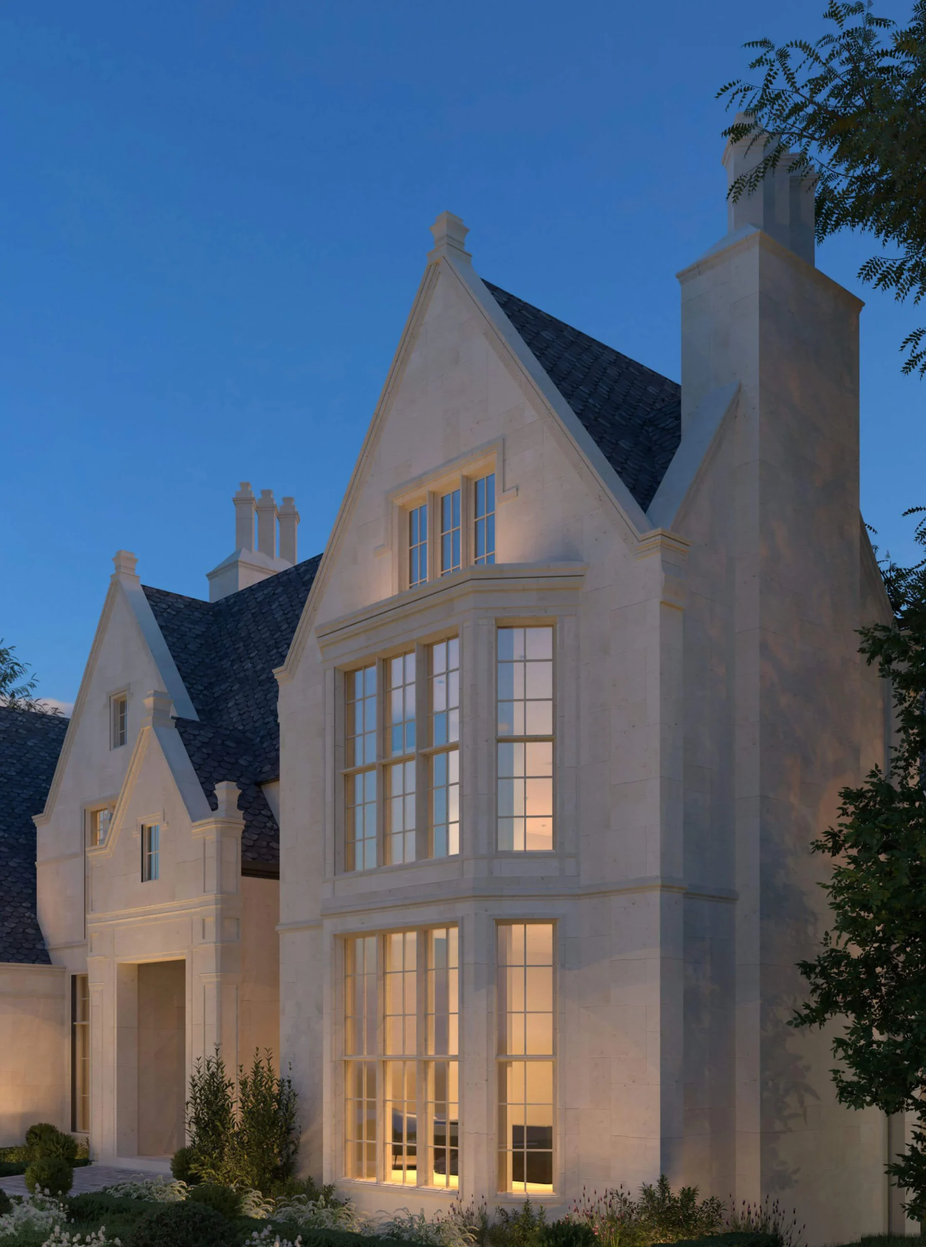 Stone gables viewed through trees