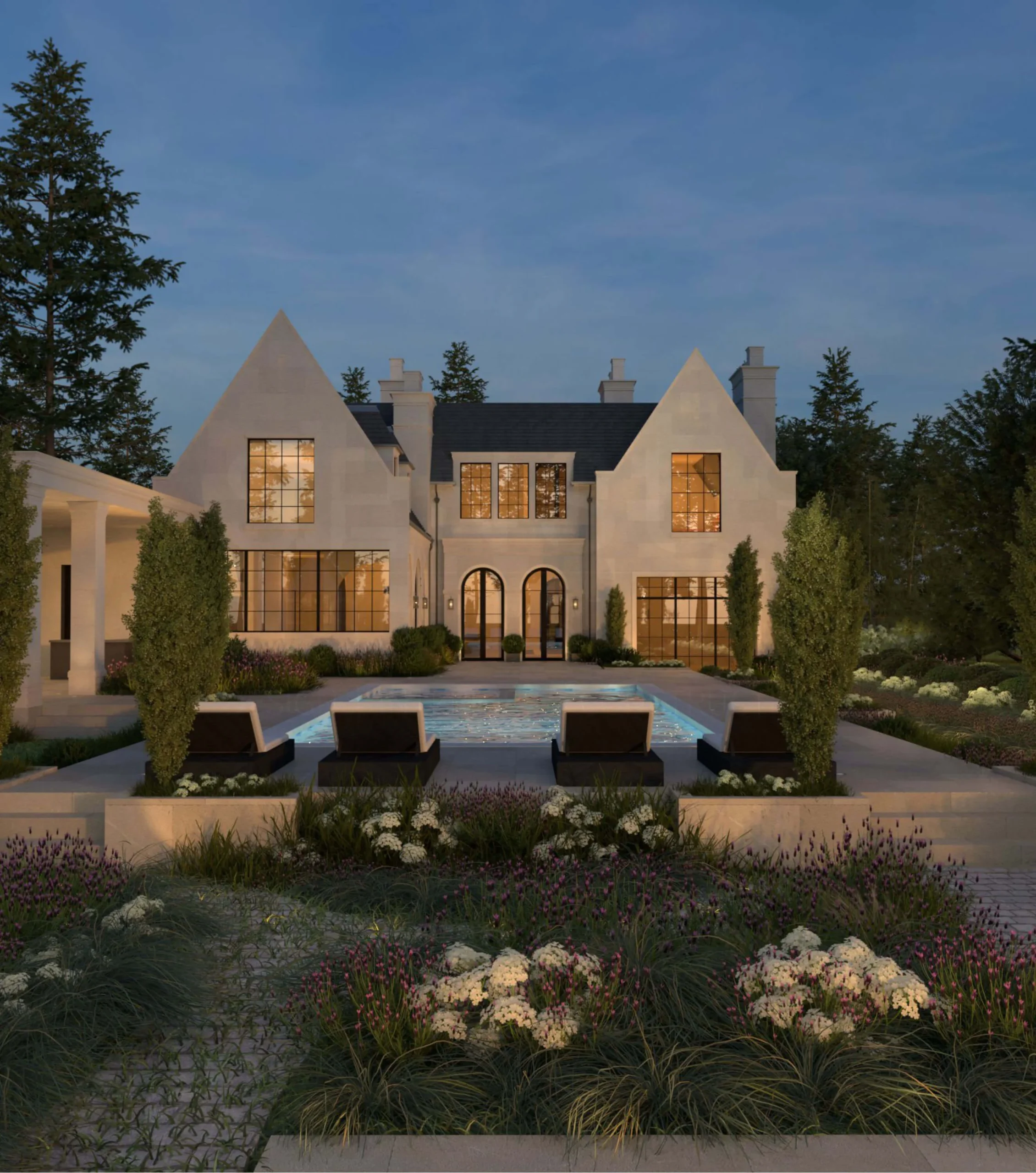 Residence and planted gardens at dusk