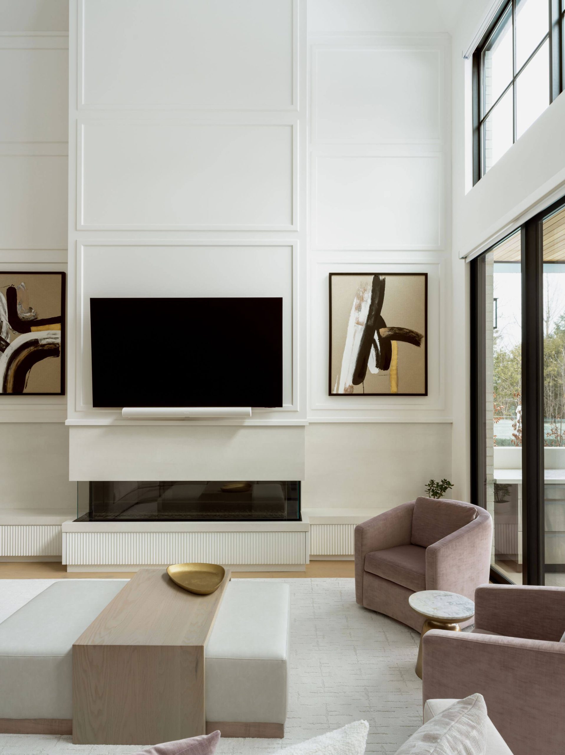 Completed living room with a sculptural fireplace