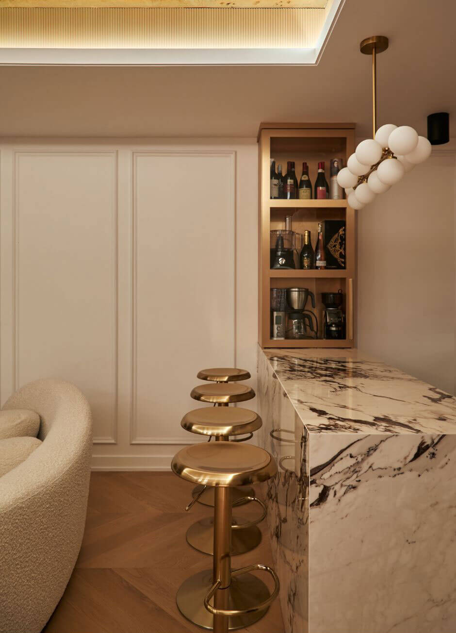 Curated artwork and warm interior lighting