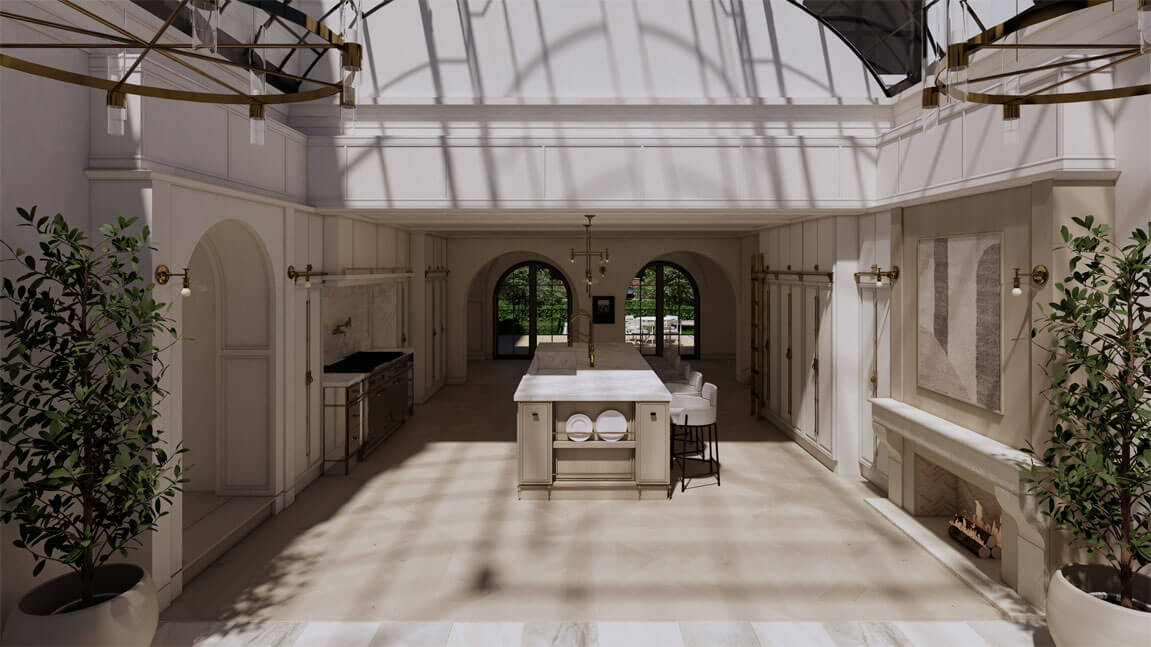 Interior perspective showing coordinated materials and furnishings
