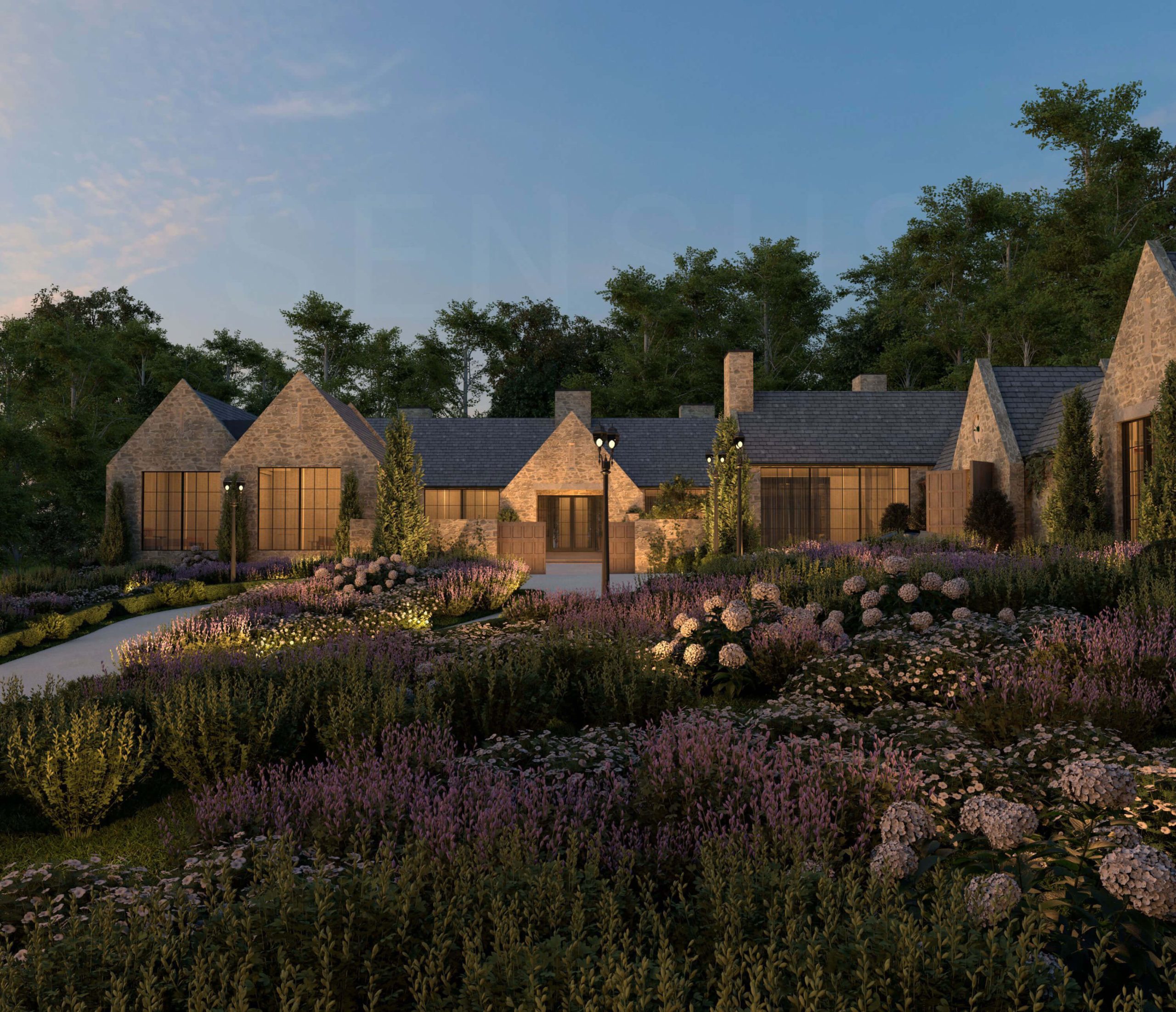 Stone country residence and landscaped entrance court