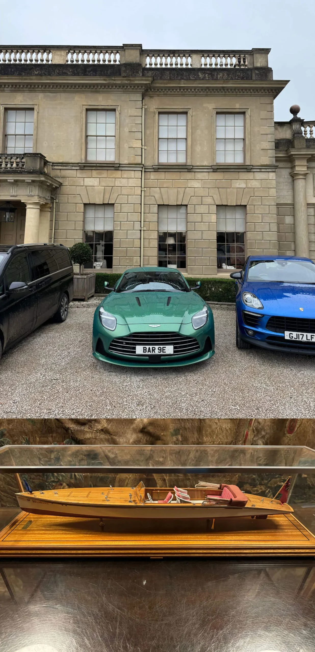Paired views of cars outside the manor and a model boat