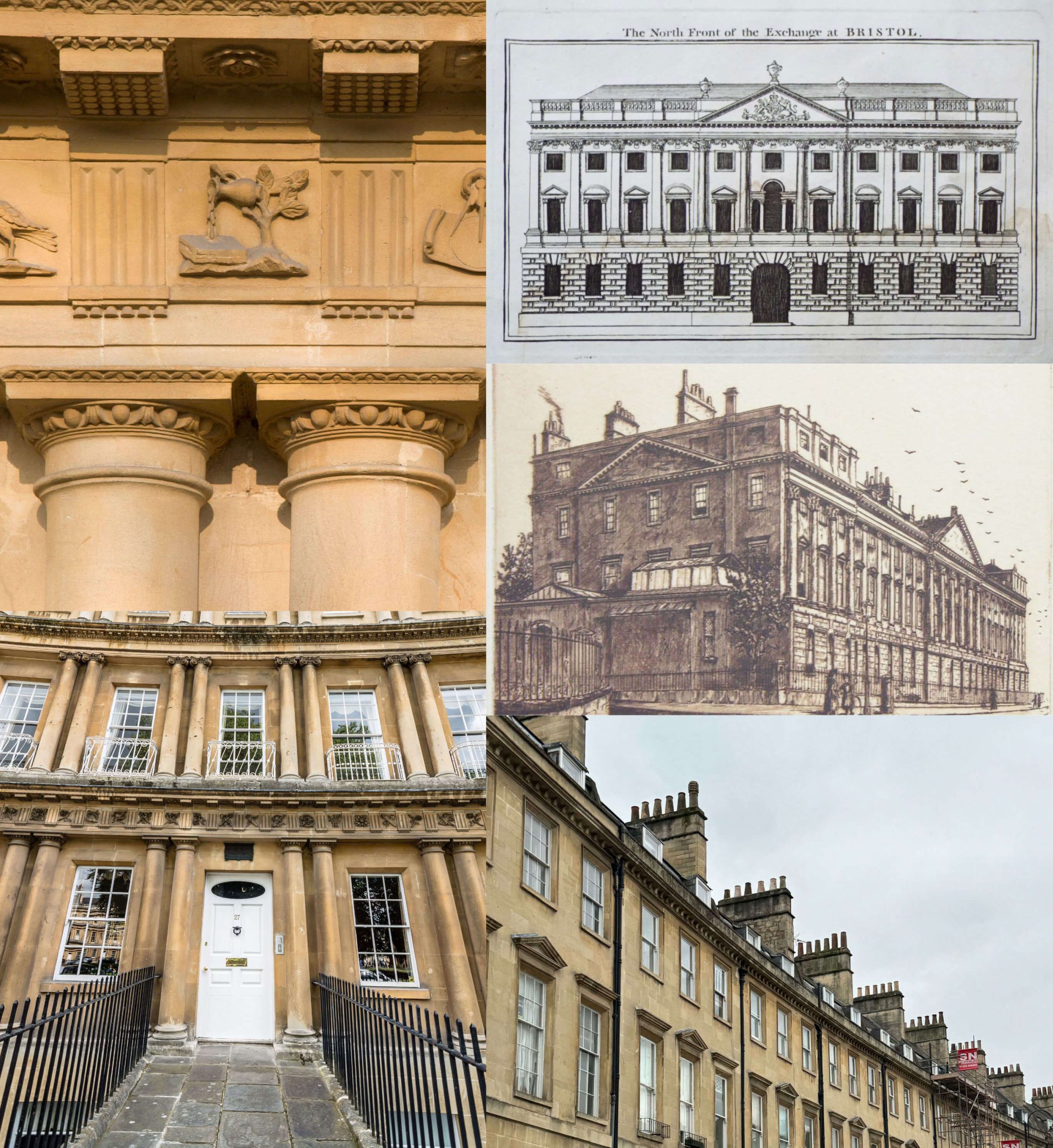 Collage of carved stone details and classical elevation drawings