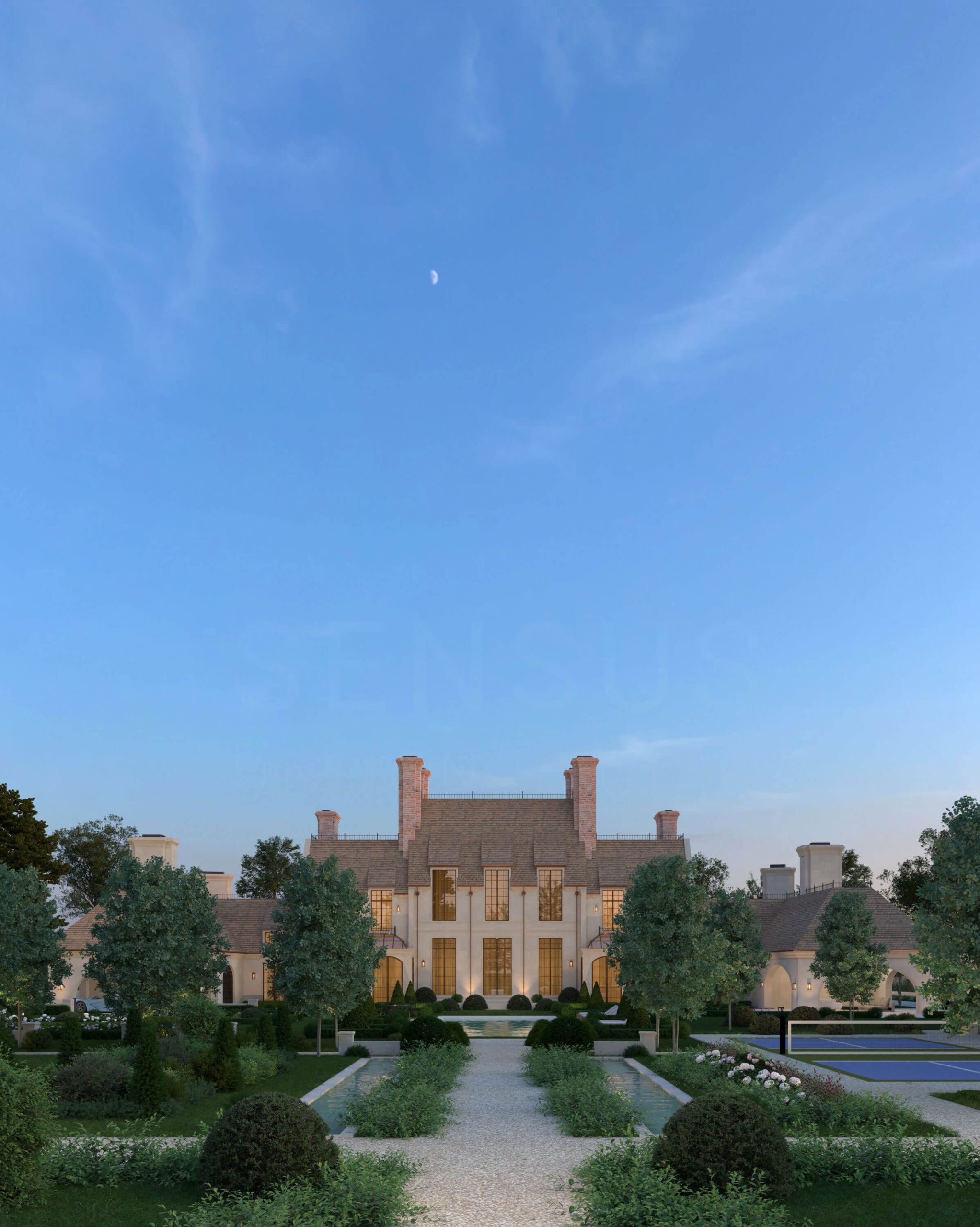 Glass breezeway connecting Georgian-inspired estate structures