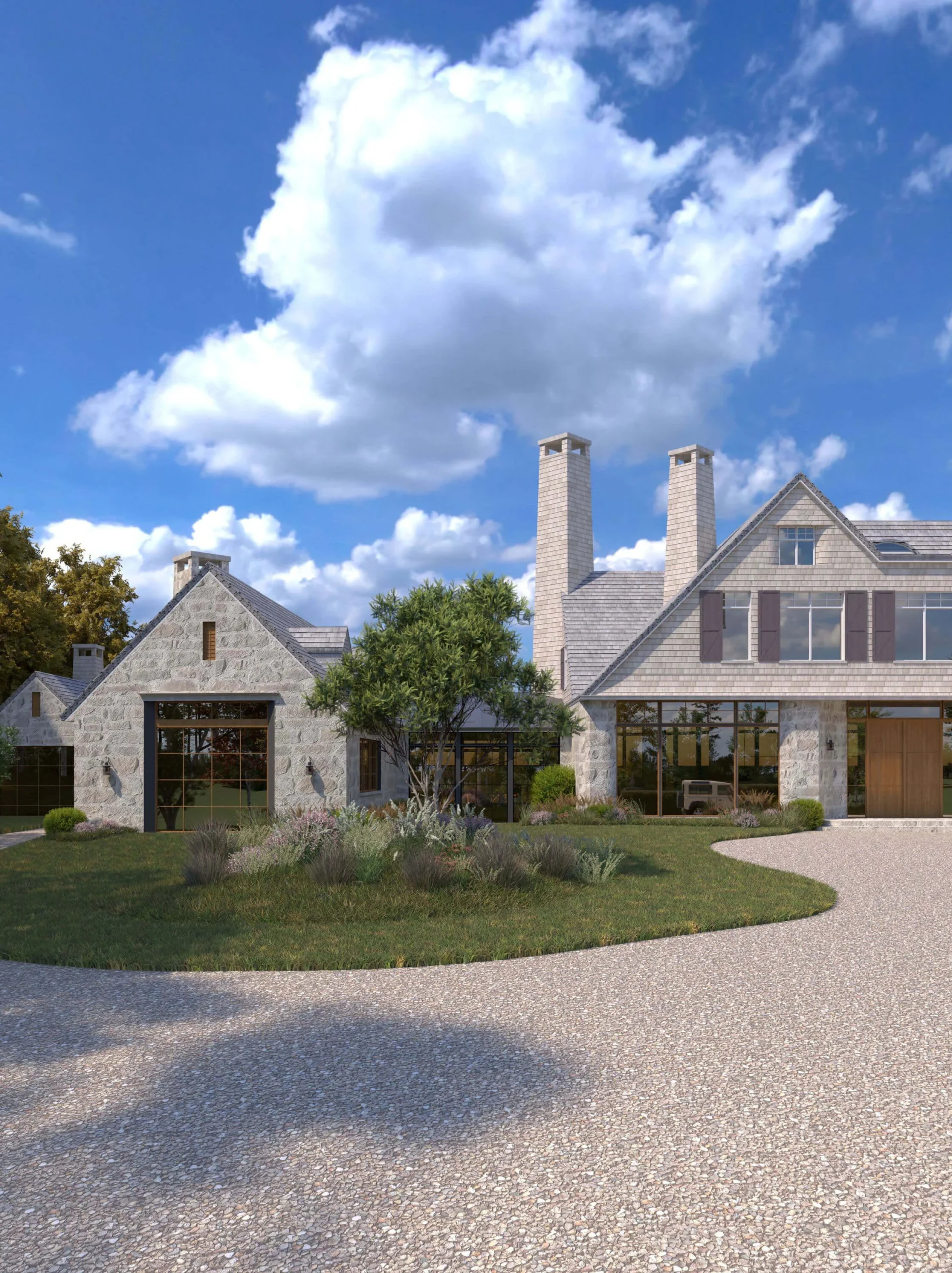 Cedar-clad facade and coastal landscaping