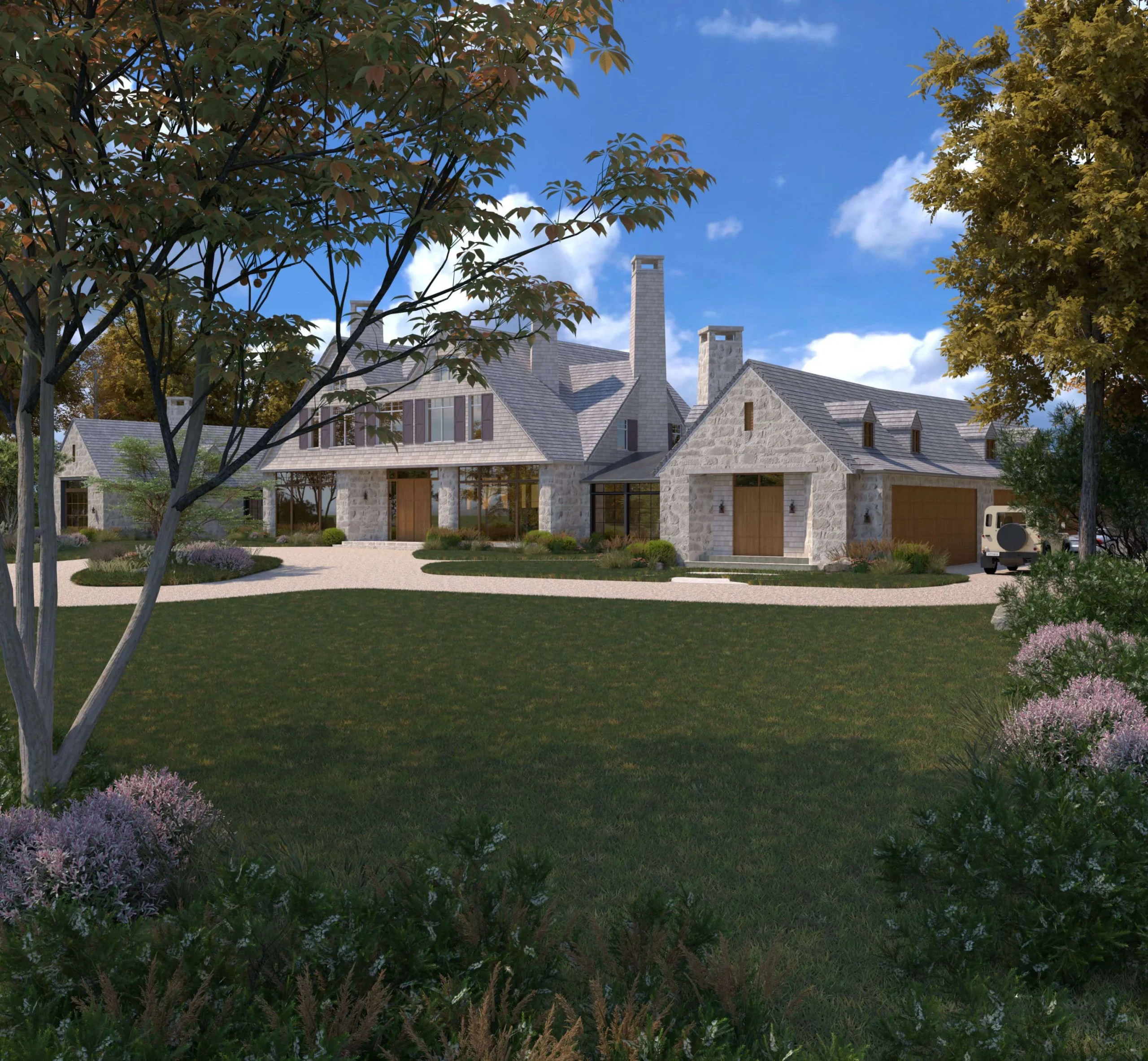 Hamptons compound glowing beside its waterfront pool