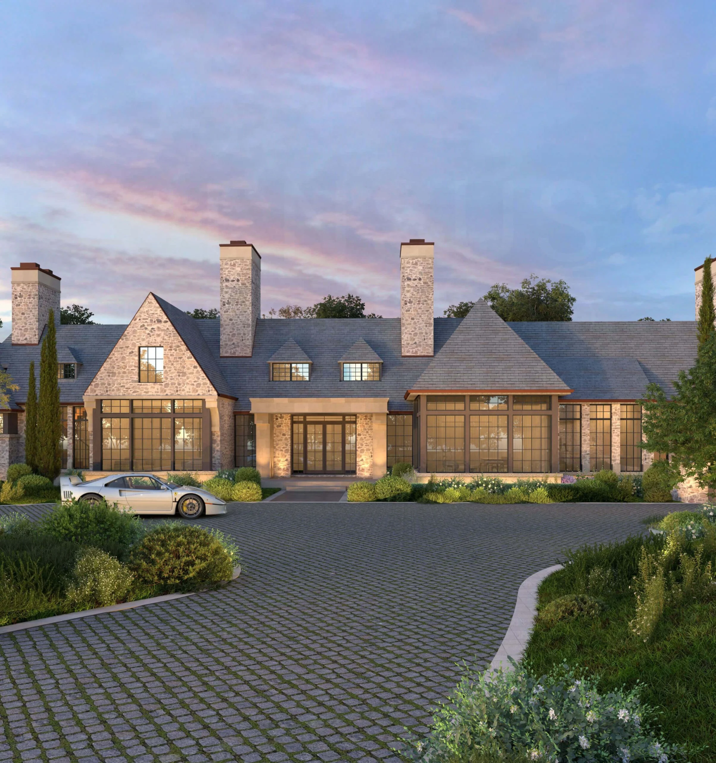 Stone courtyard and Tudor rooflines at Mountainside Manor