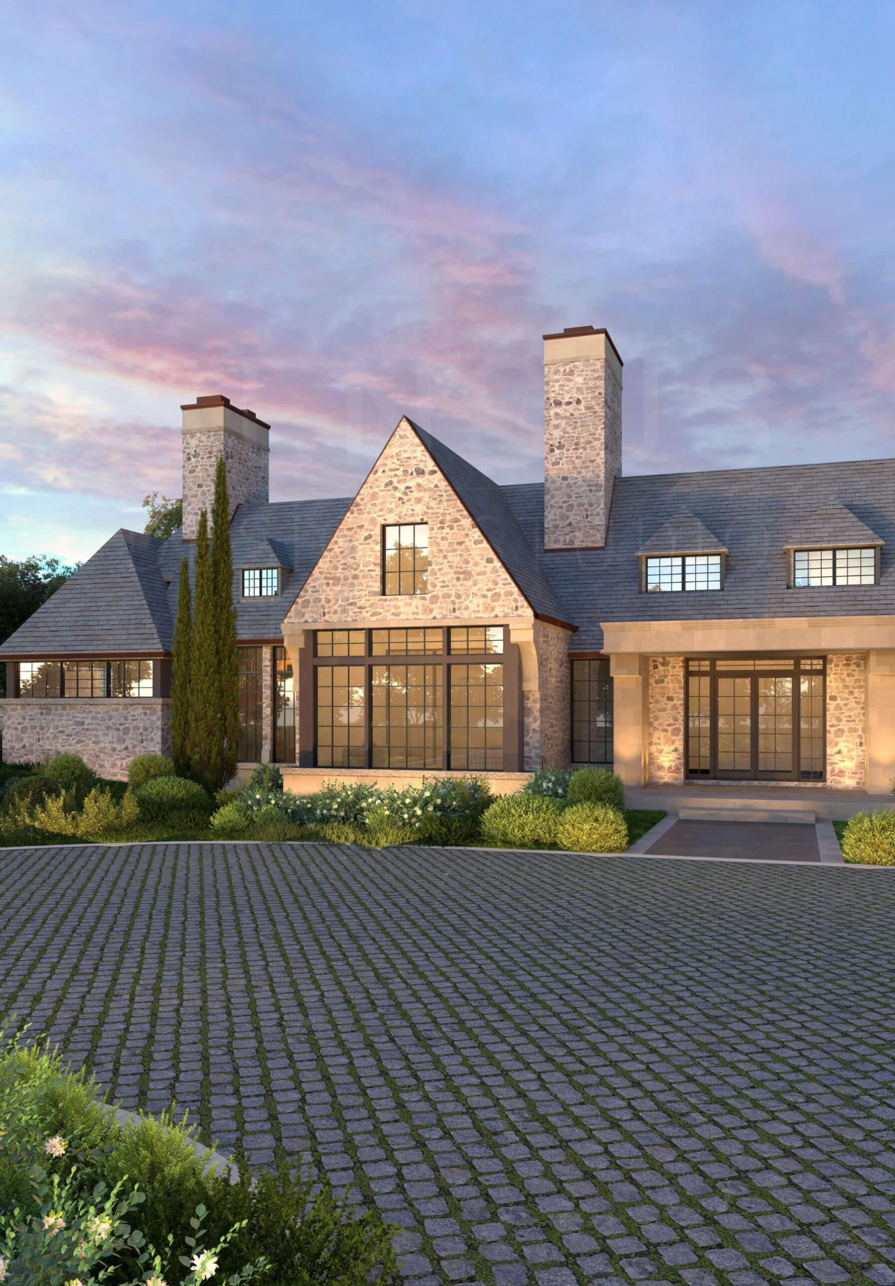 Stone gatehouse at the Mountainside Manor entry court
