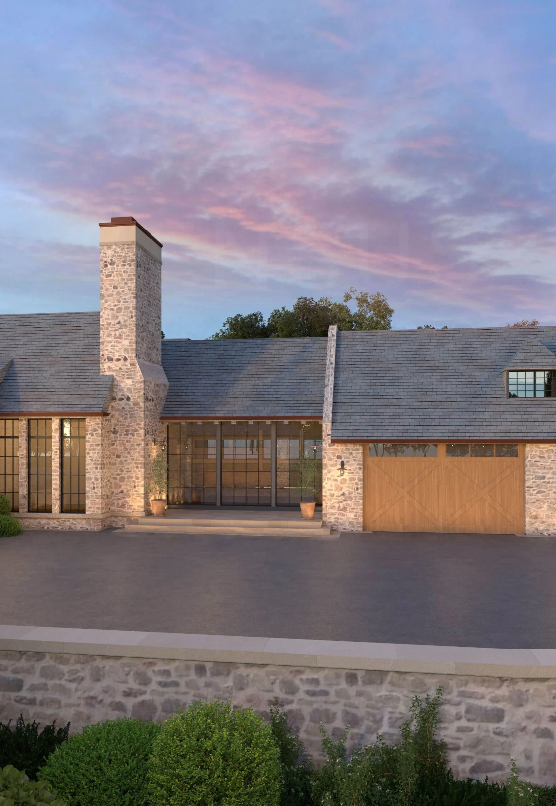 Mountainside Manor garage wing beyond layered planting