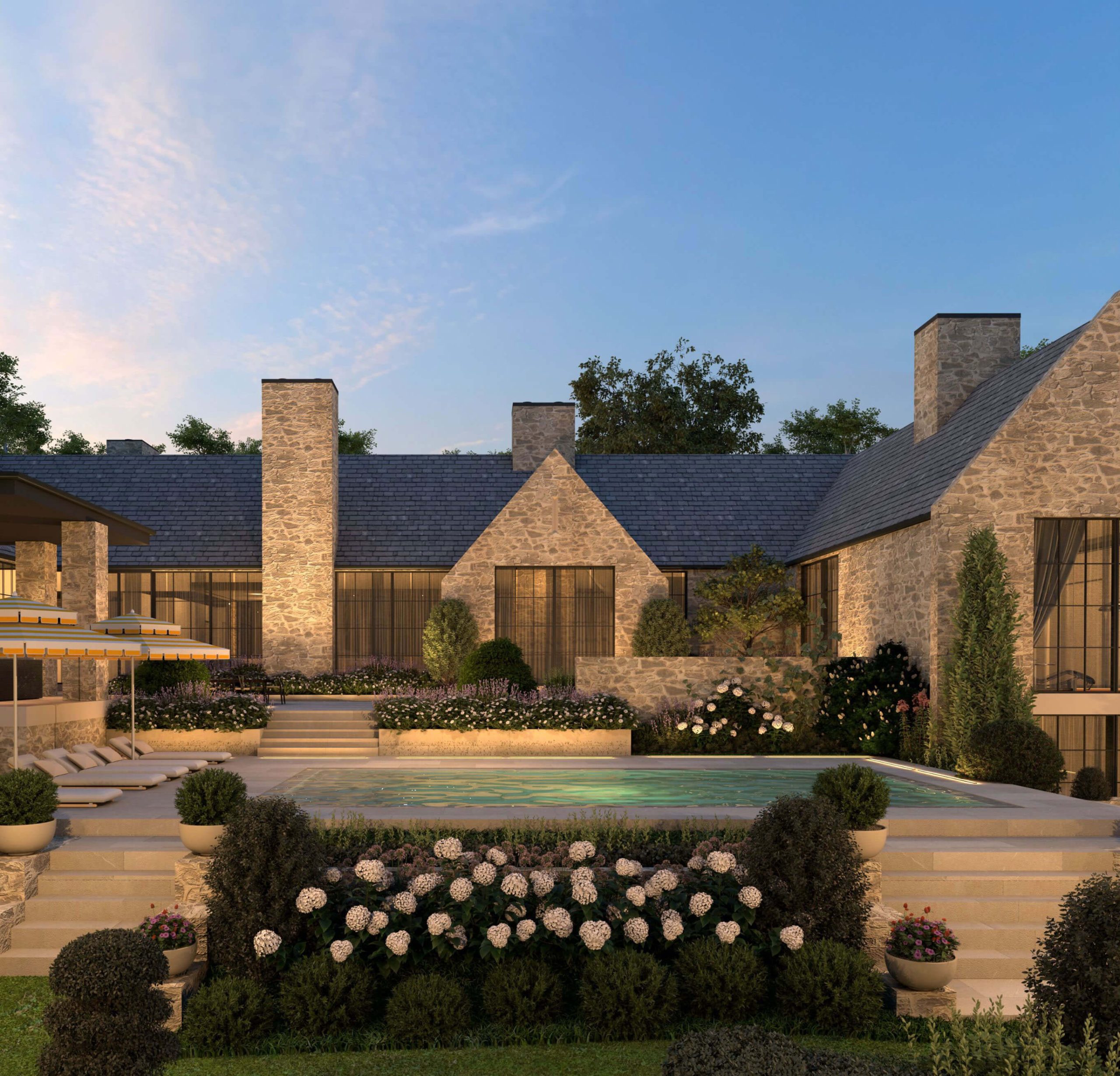North American Cotswold design: a rear facade designed to feel connected to its surroundings