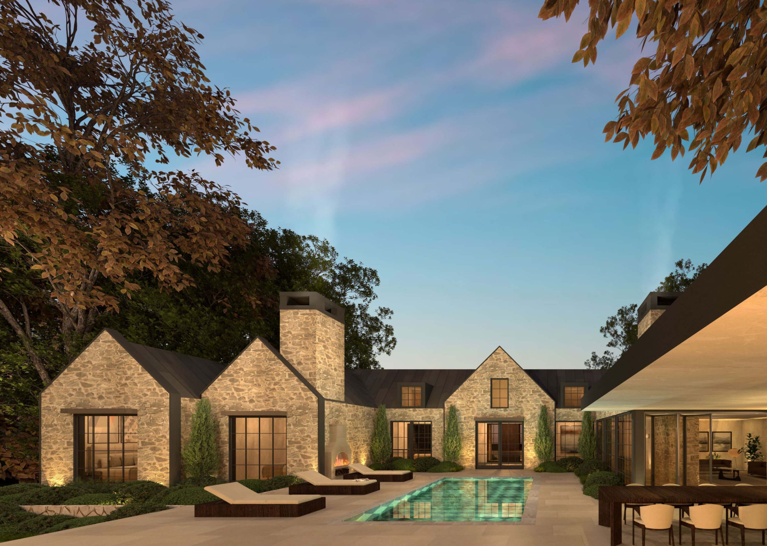 North American Cotswold design: a rear facade designed to feel connected to its surroundings