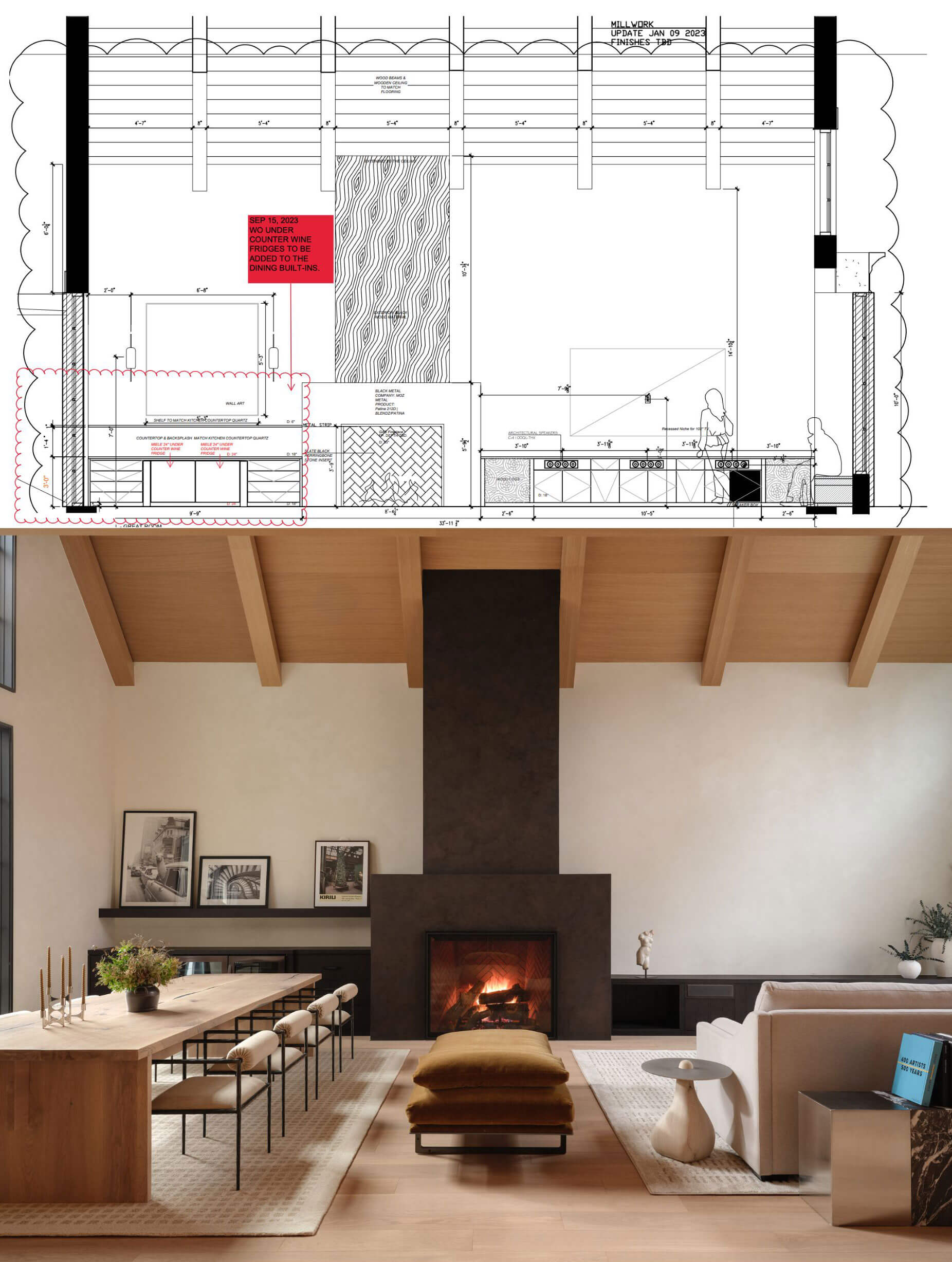 Combined interior technical drawing and rendering