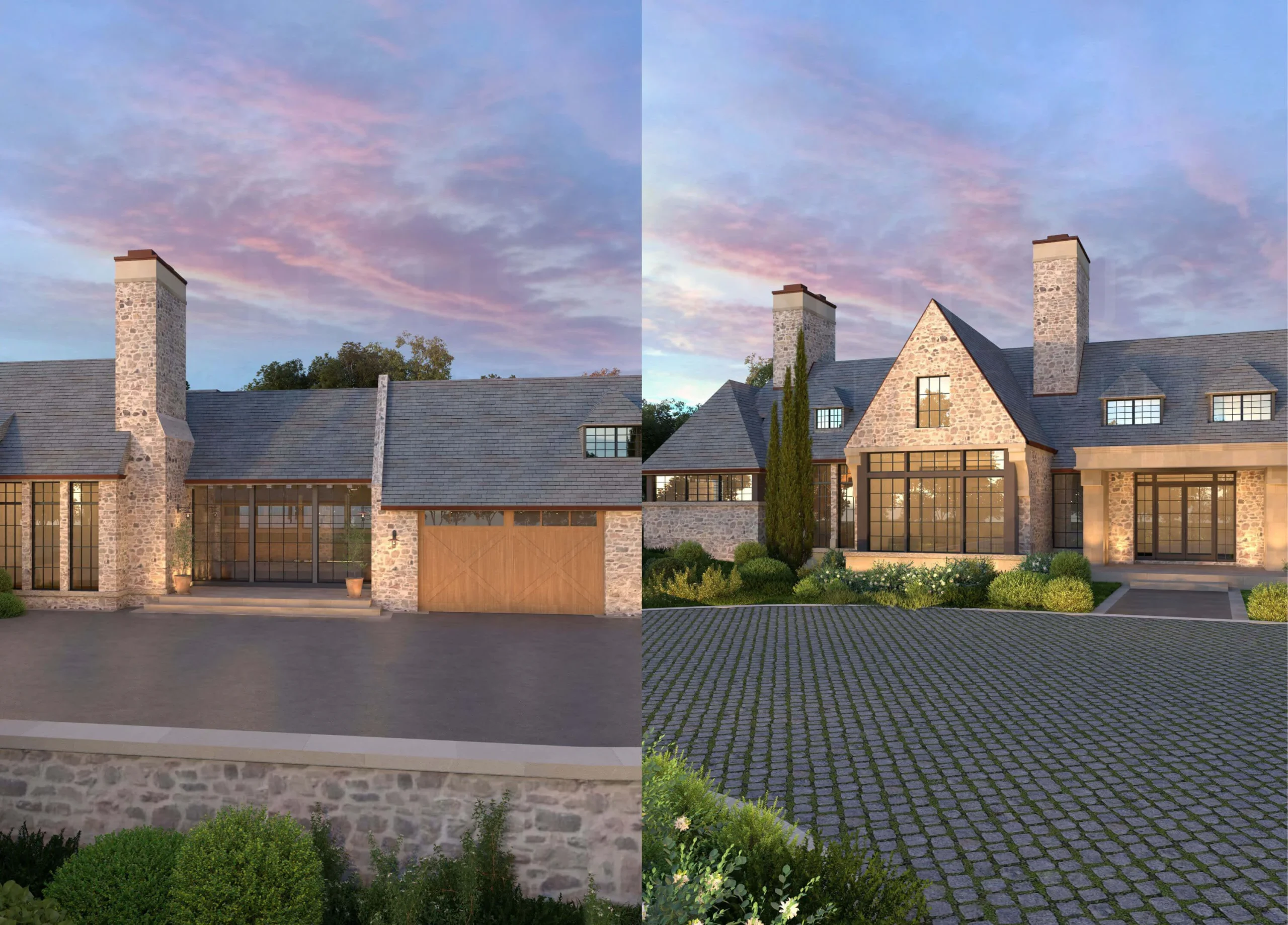 Tudor Foothills Manor garage courtyard and front elevation studies