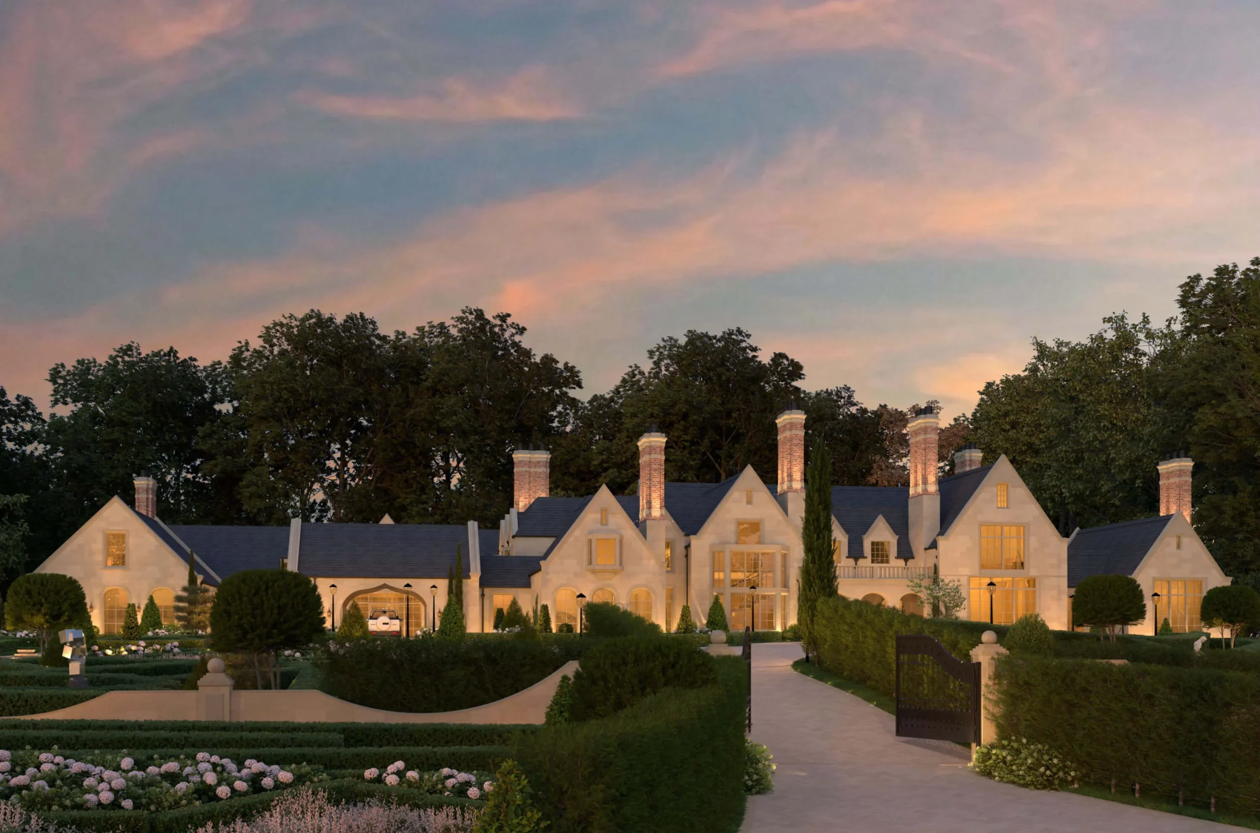 Traditional Tudor Manor overlooking its formal gardens