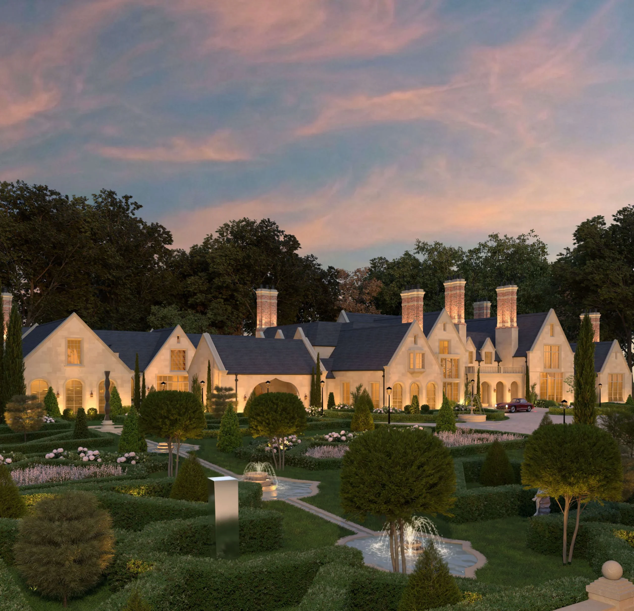 Traditional Tudor Manor set within layered formal gardens