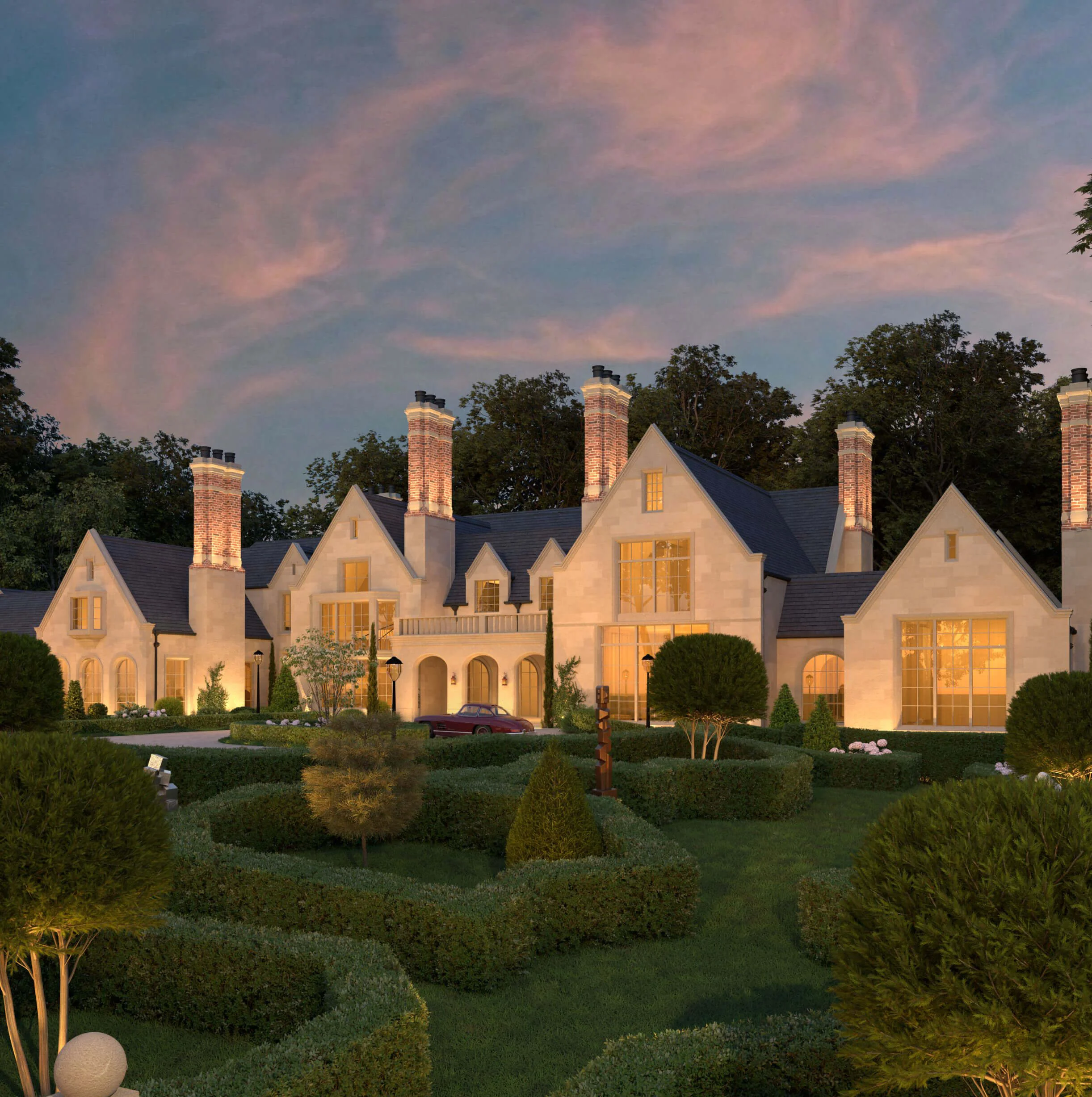 Tudor entrance facade approached through the gardens