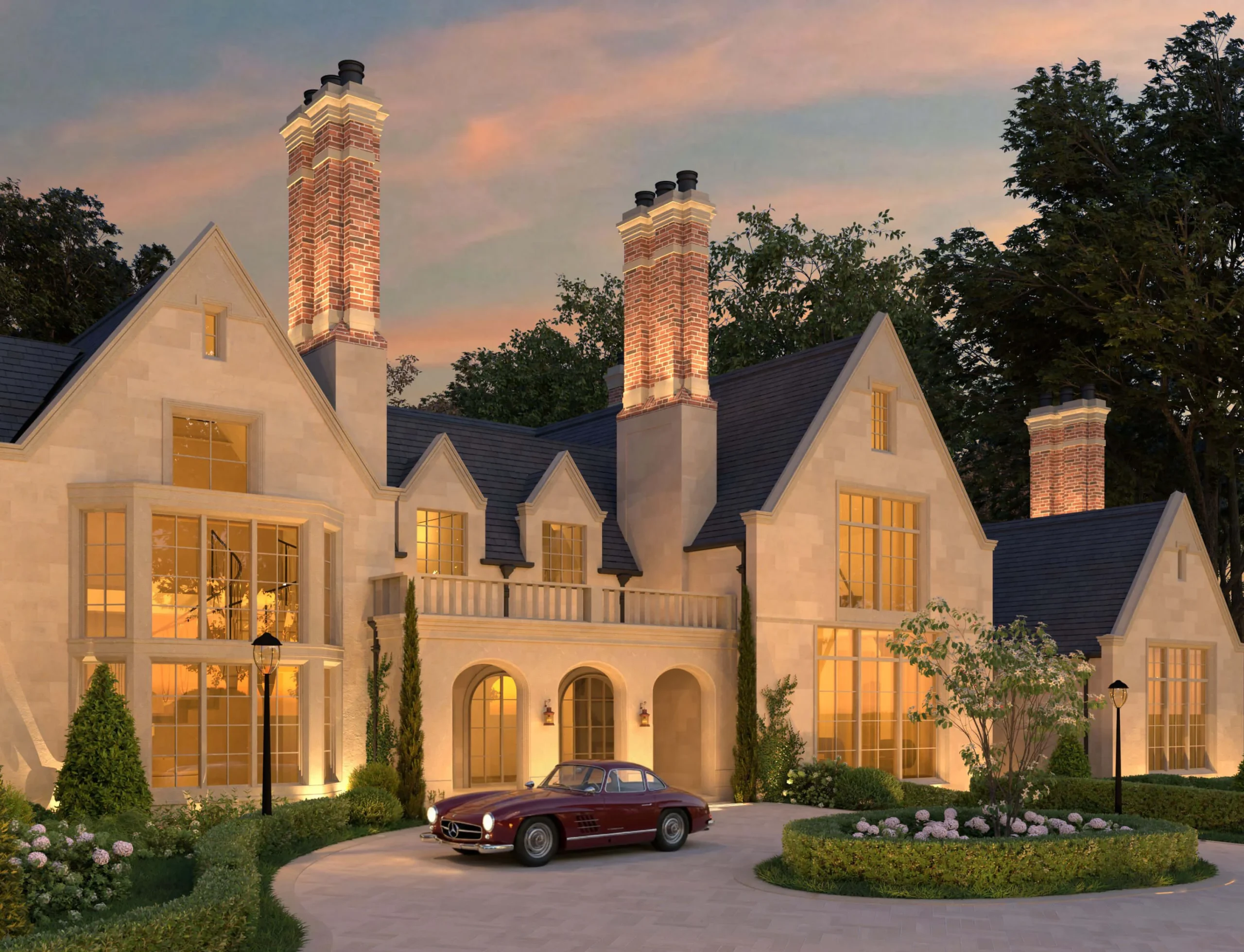 Wide view of the Tudor archway and garage court