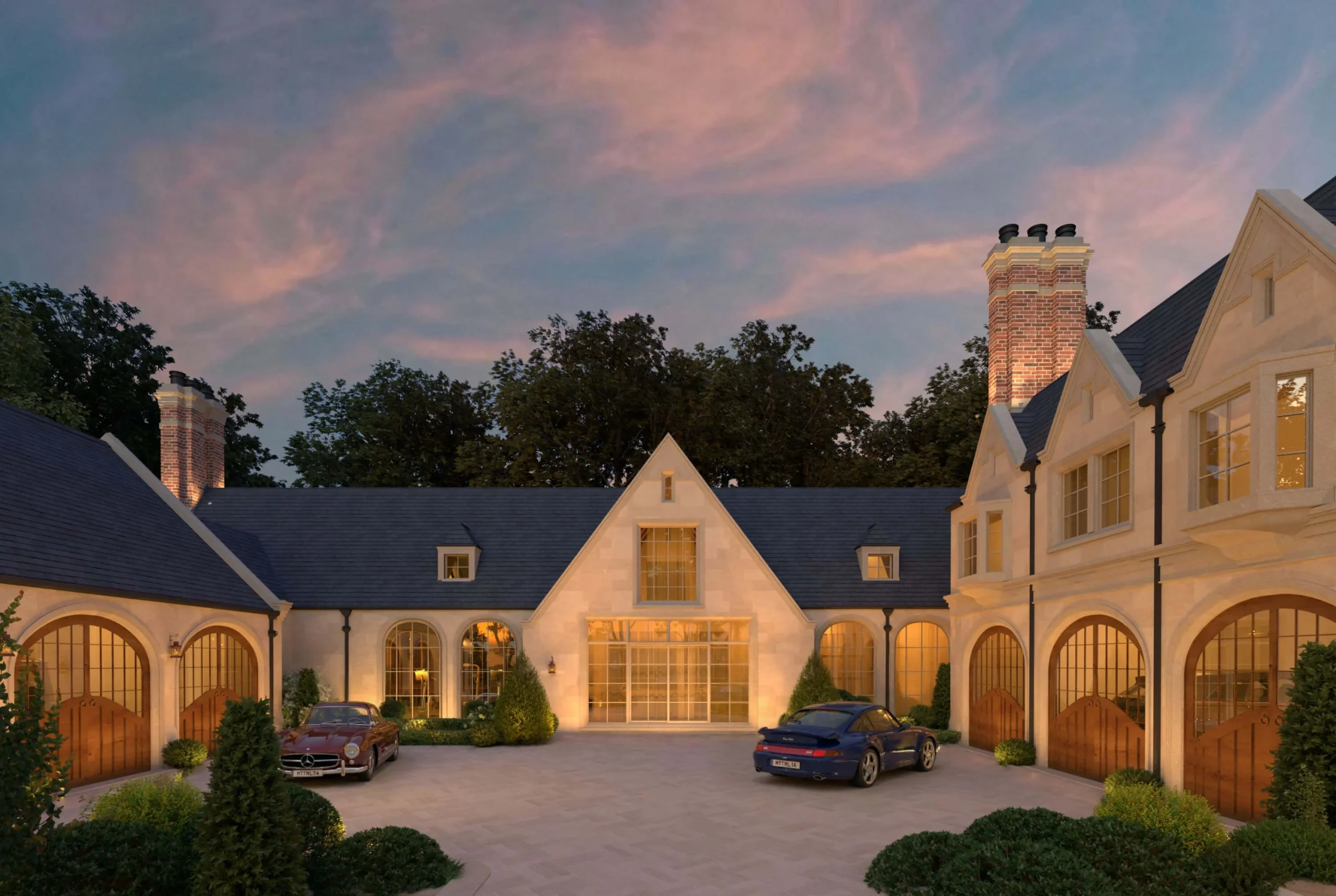 Garage courtyard enclosed by limestone buildings