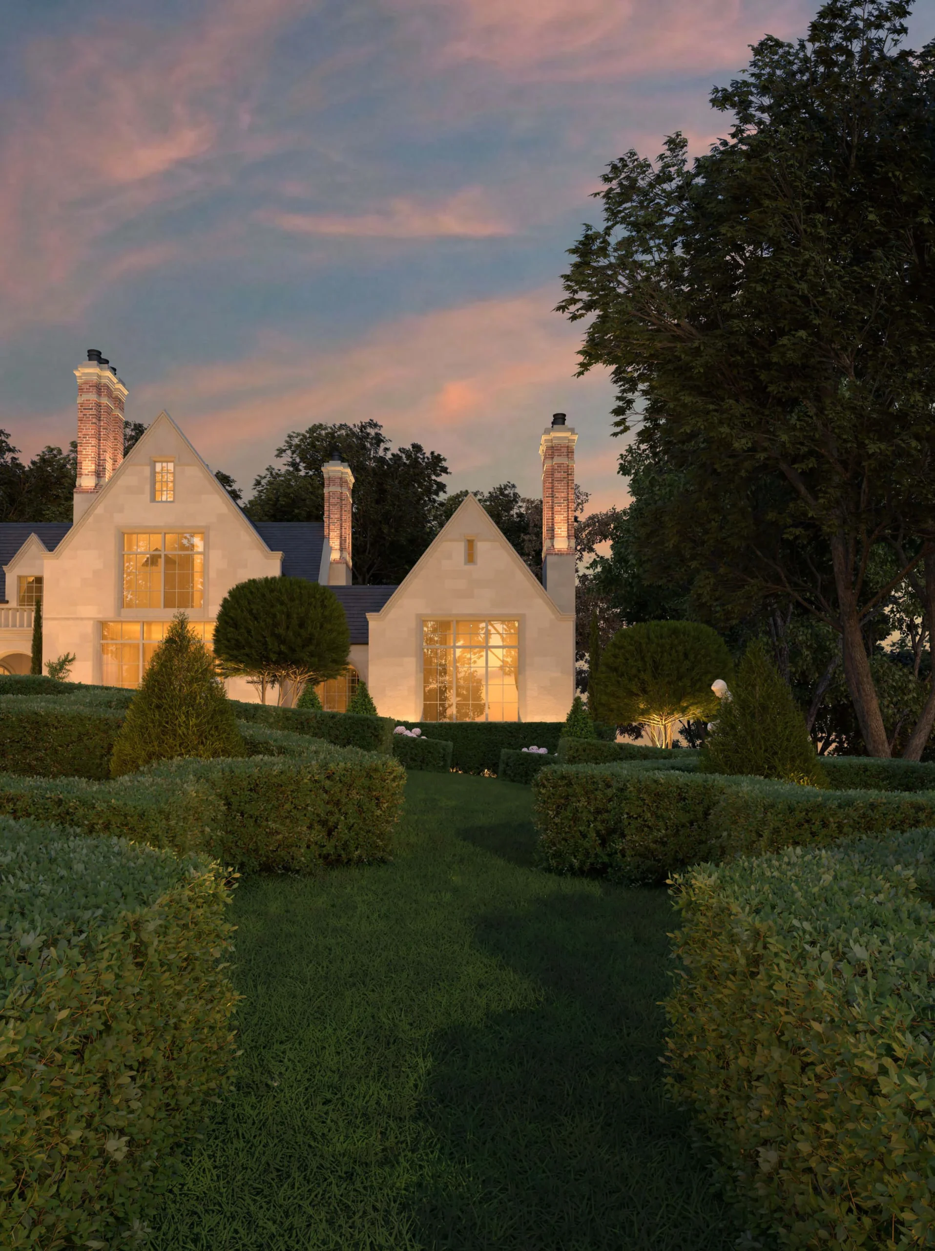 Formal gardens extending from the Tudor manor