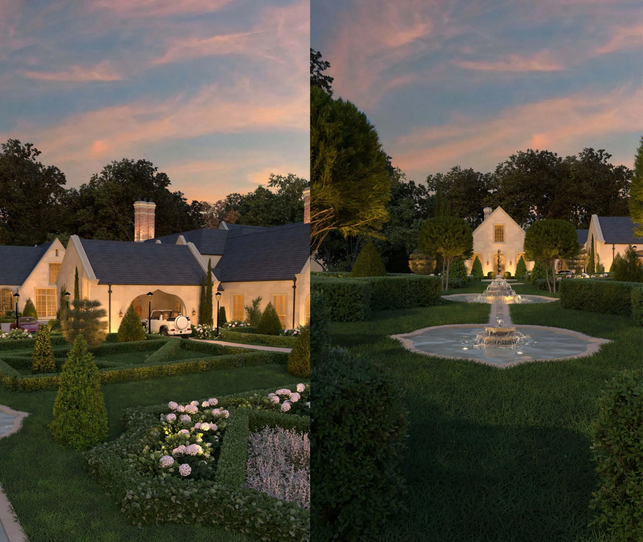 Aerial view of the manor, courtyards and formal garden rooms
