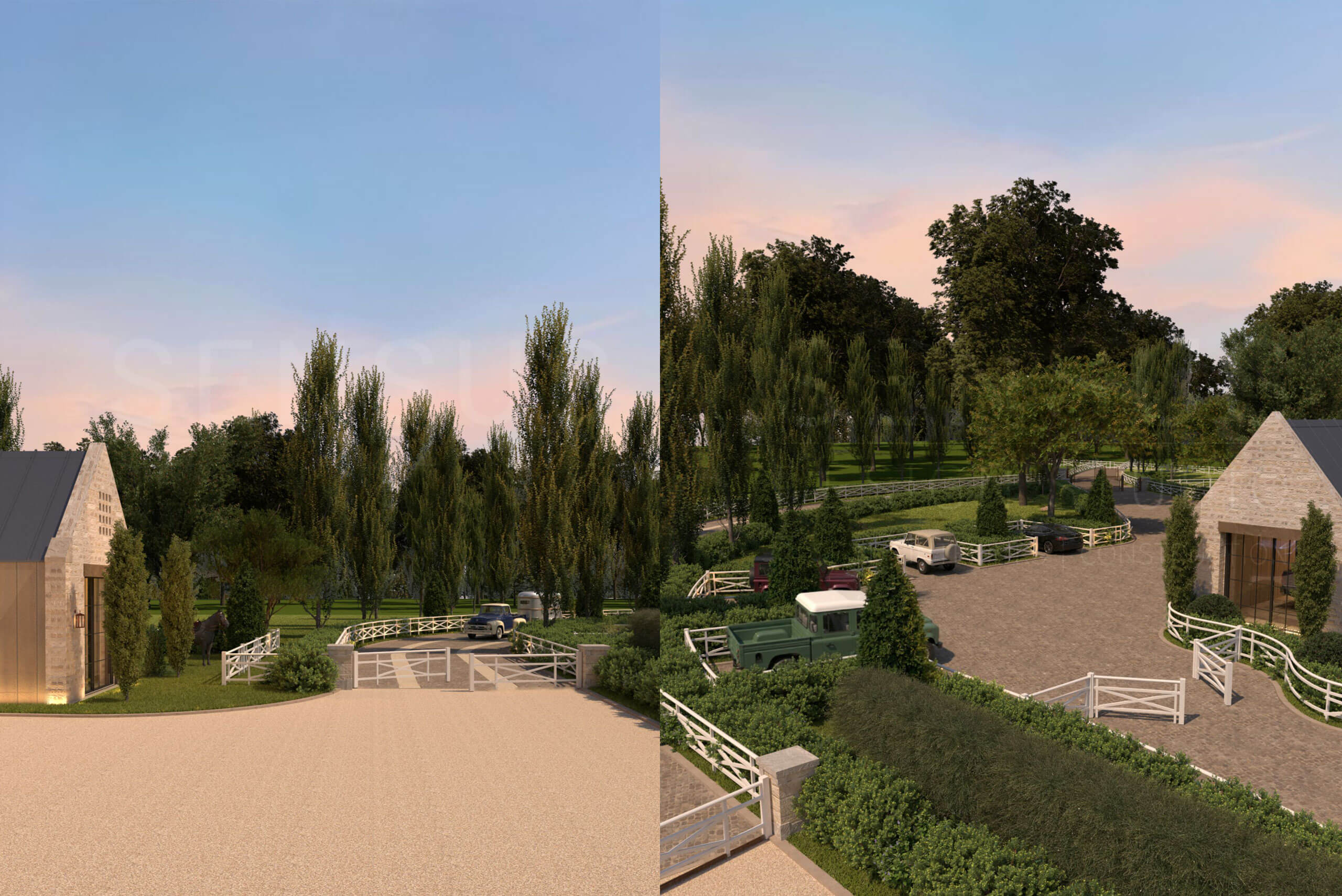 Stable buildings arranged around landscaped courtyards