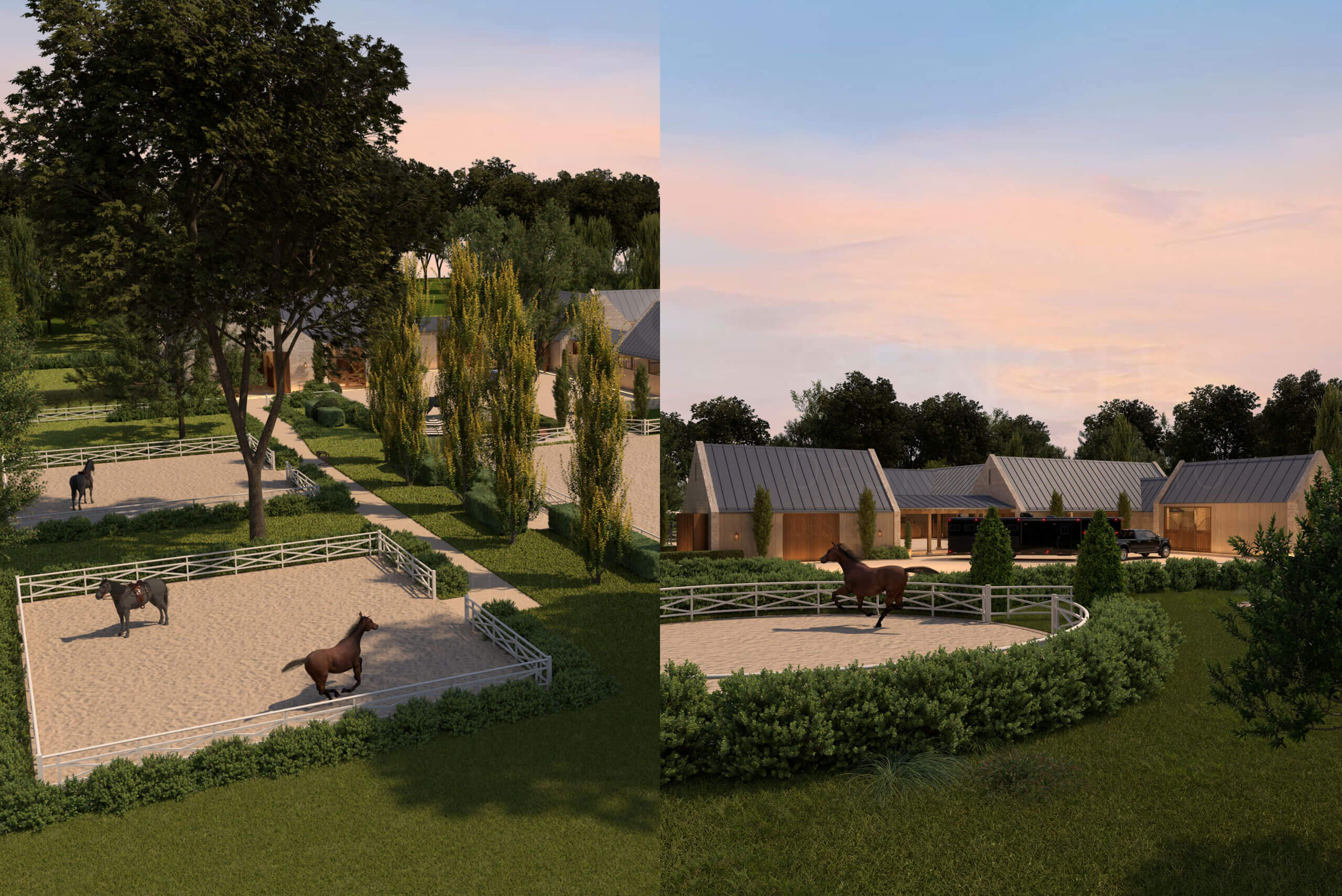 Stable courtyard with custom gates and stone walls