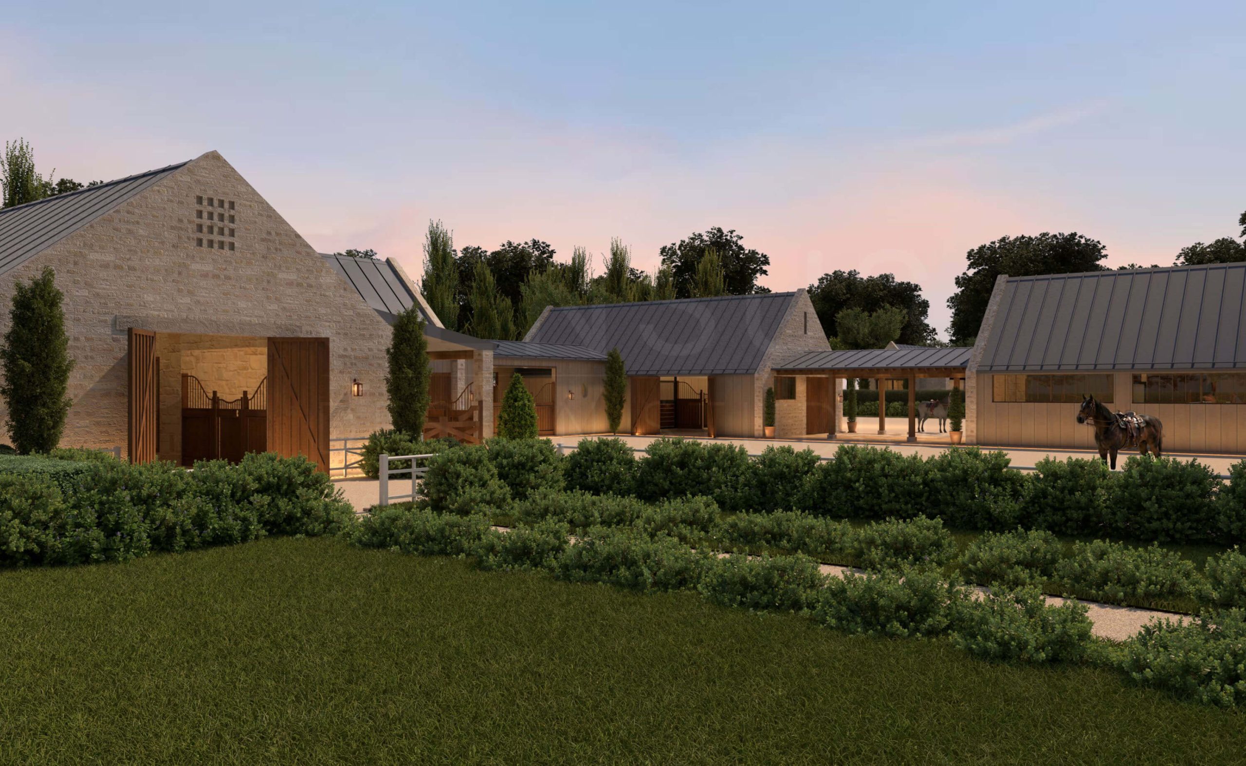 Warmly lit stable interior with exposed timber framing