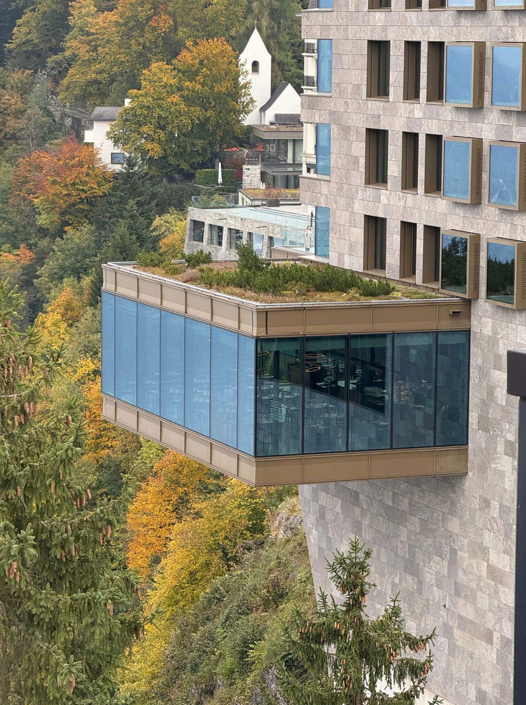 Glazed cantilever projecting over a wooded cliff