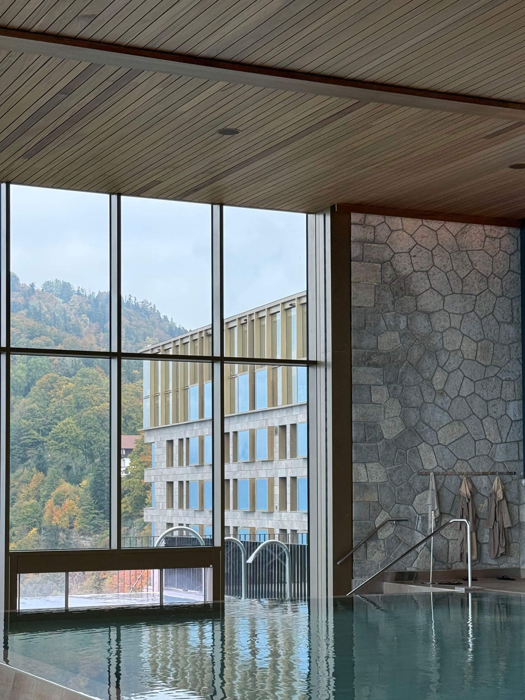 Indoor pool beneath a timber ceiling and tall glazing
