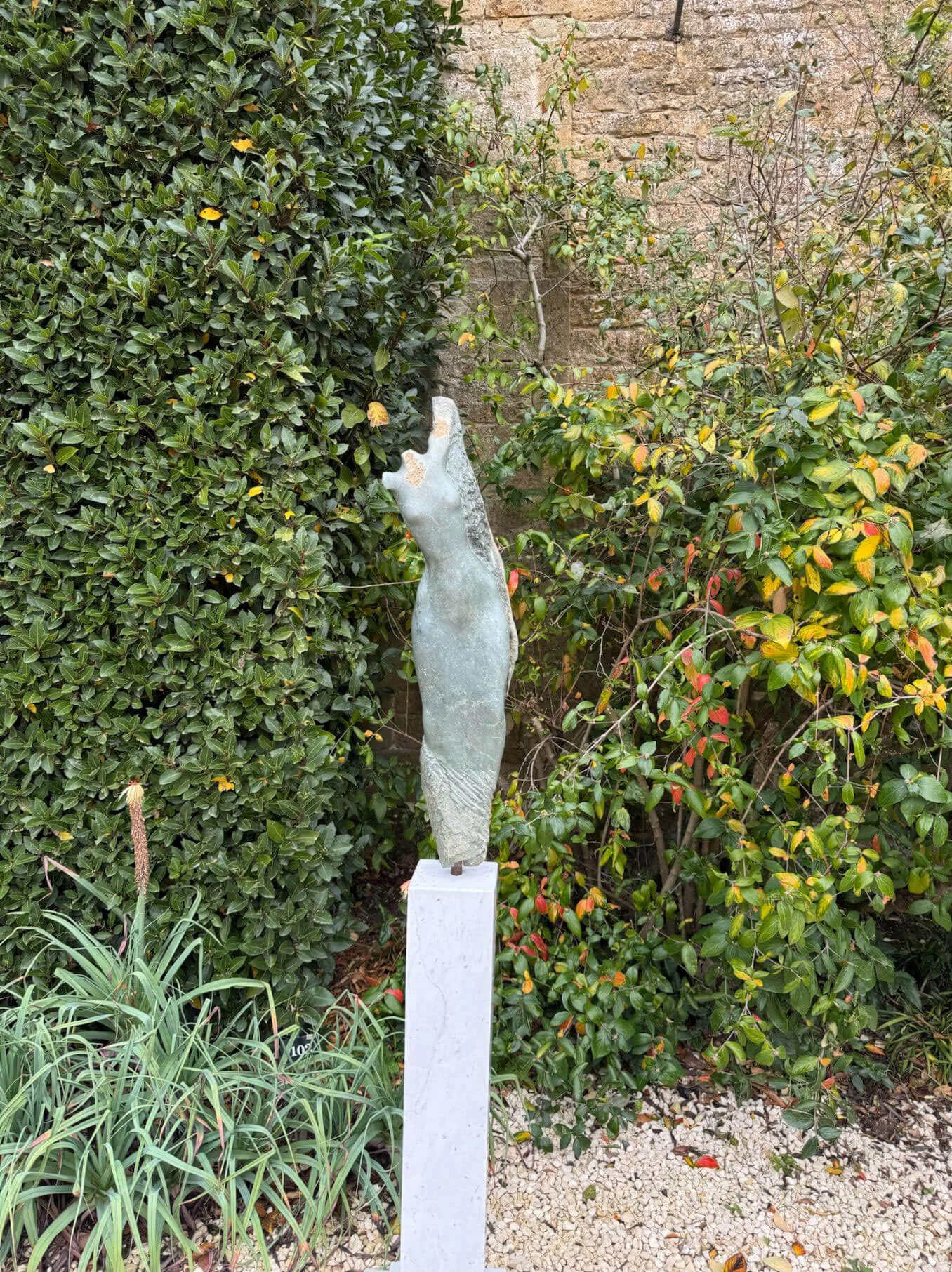 Slender pale figure set against dense planting