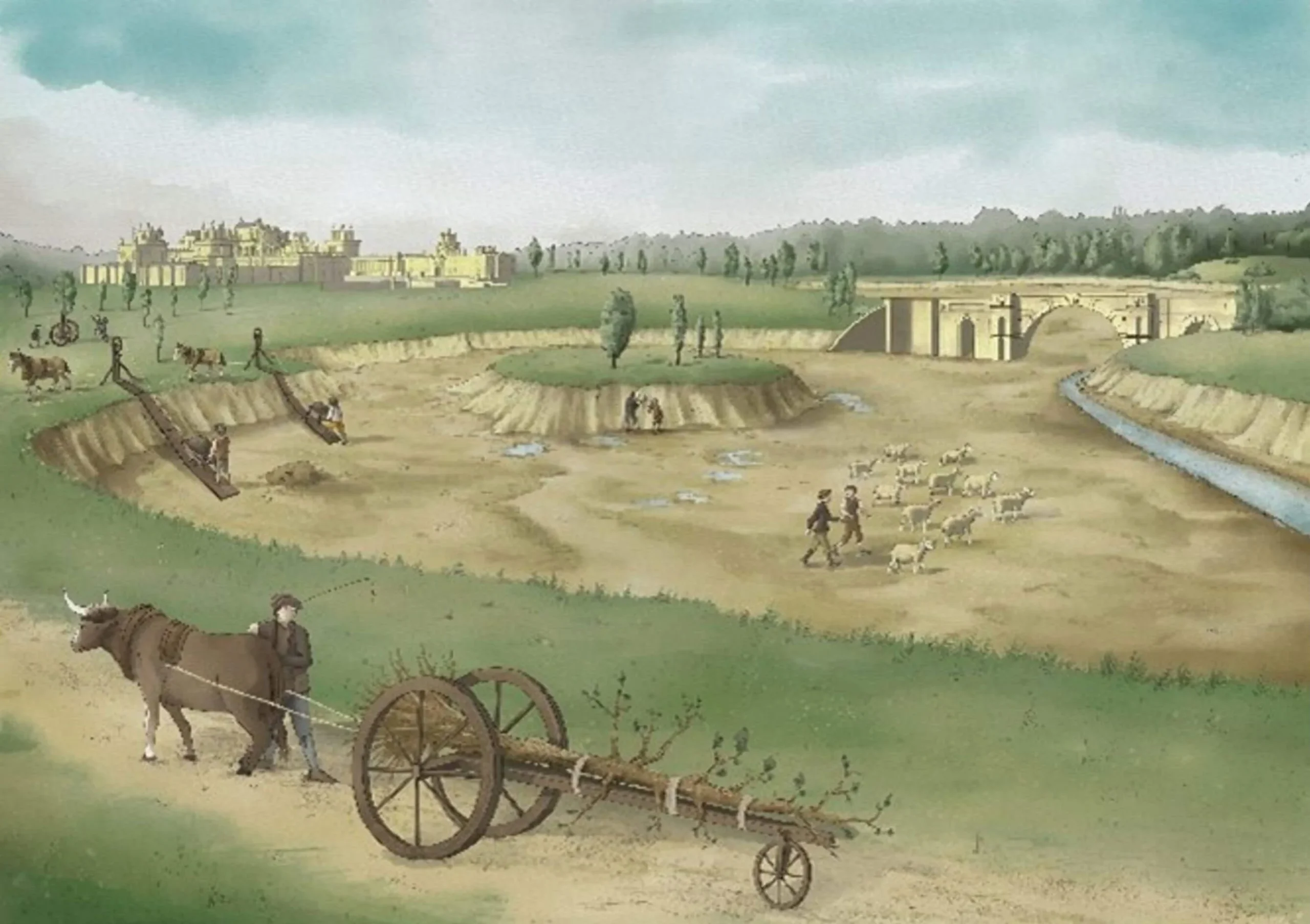 Historic illustration of landscaping works near a bridge