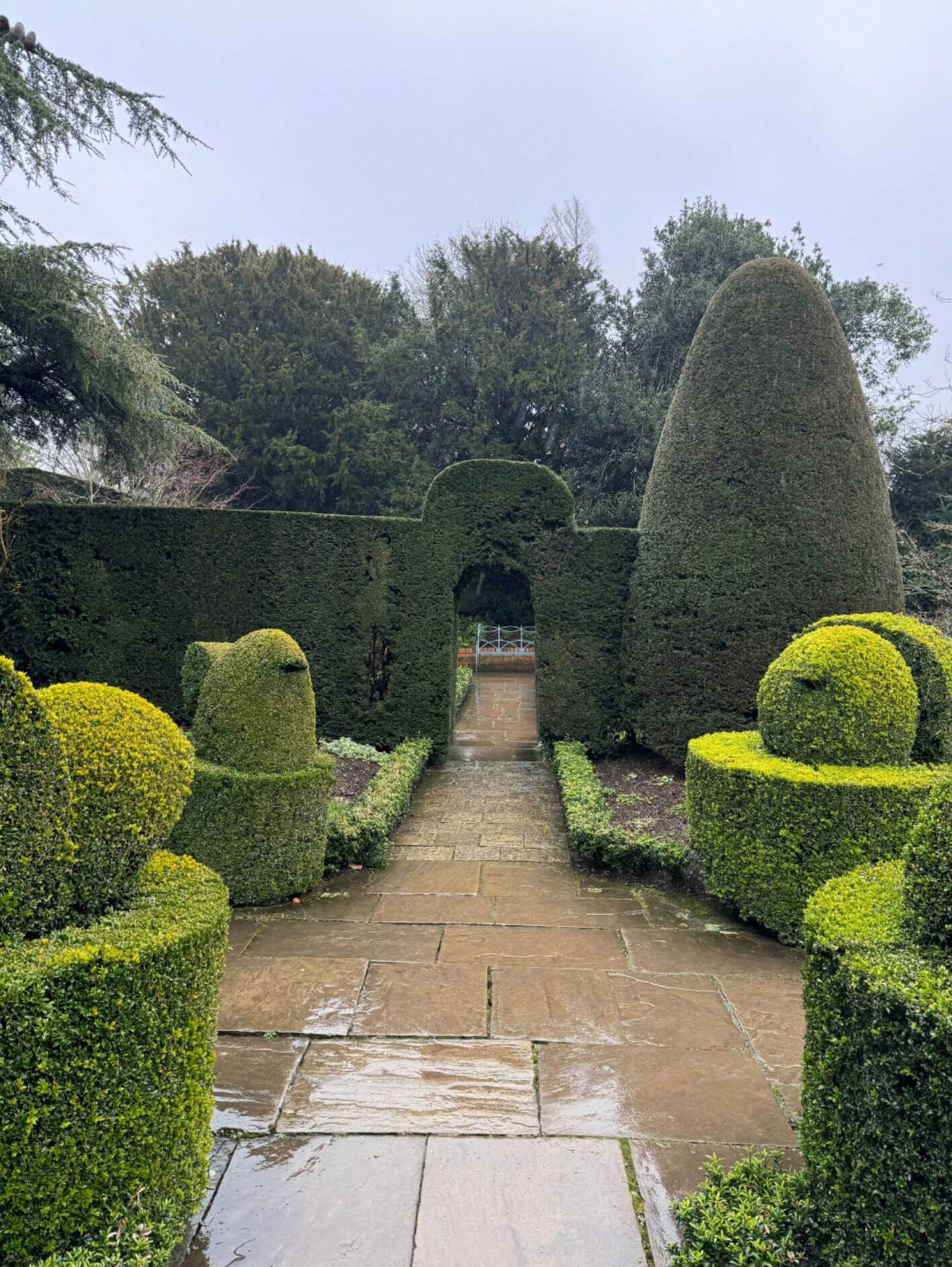 Stone path winding between sculpted hedges and topiary