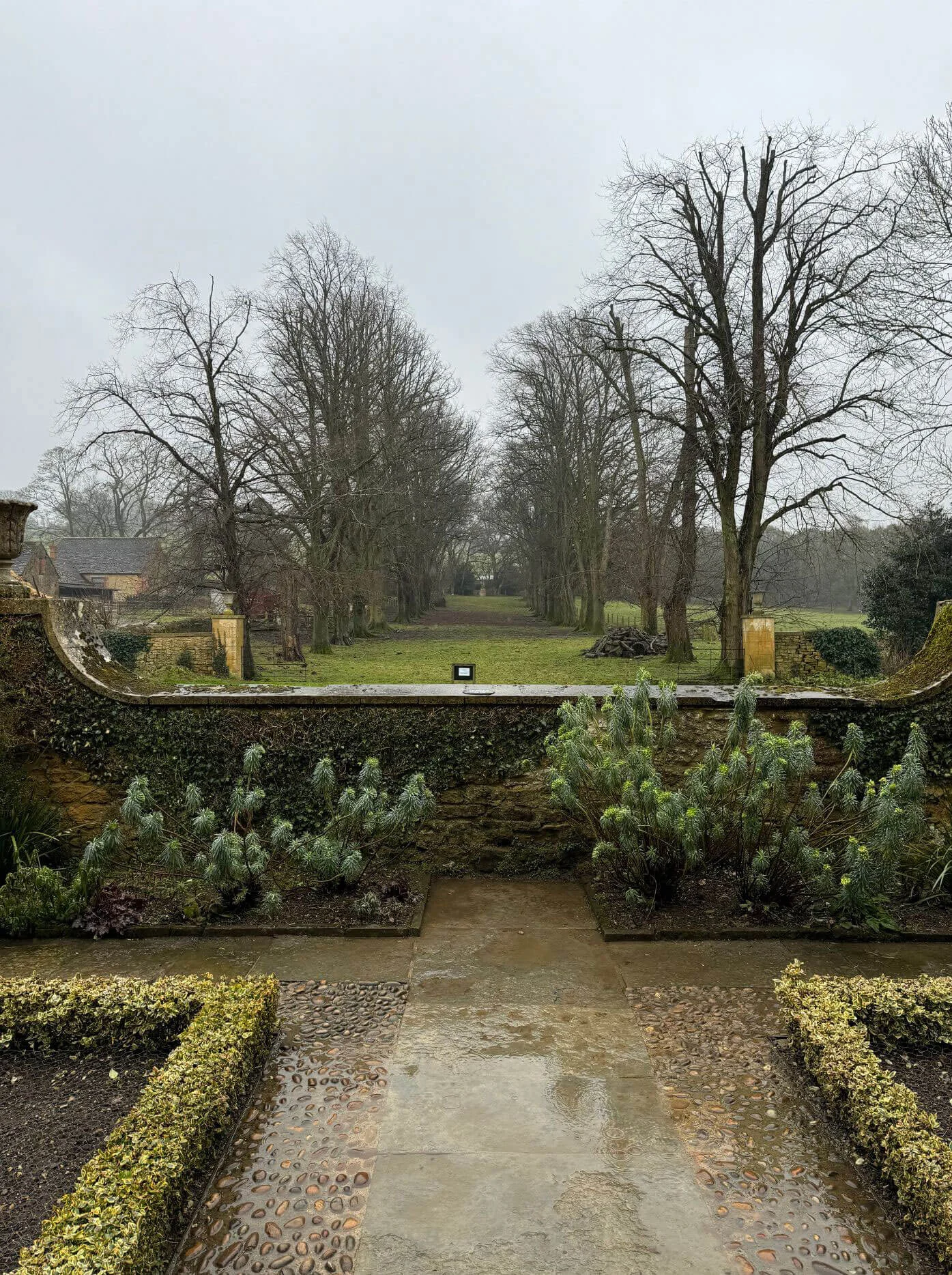 Stone steps and balustrade overlooking a winter garden