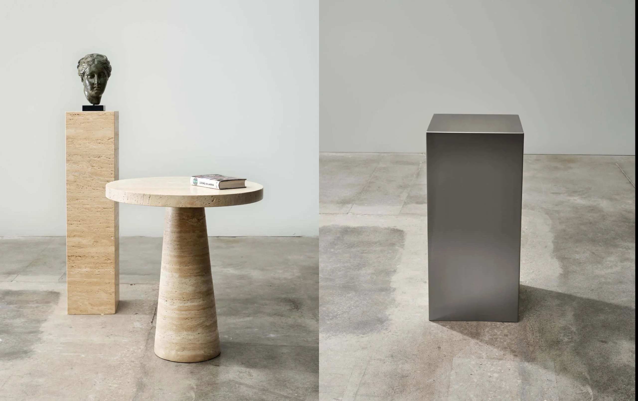 Custom stone furniture, a sculptural bust and display plinths