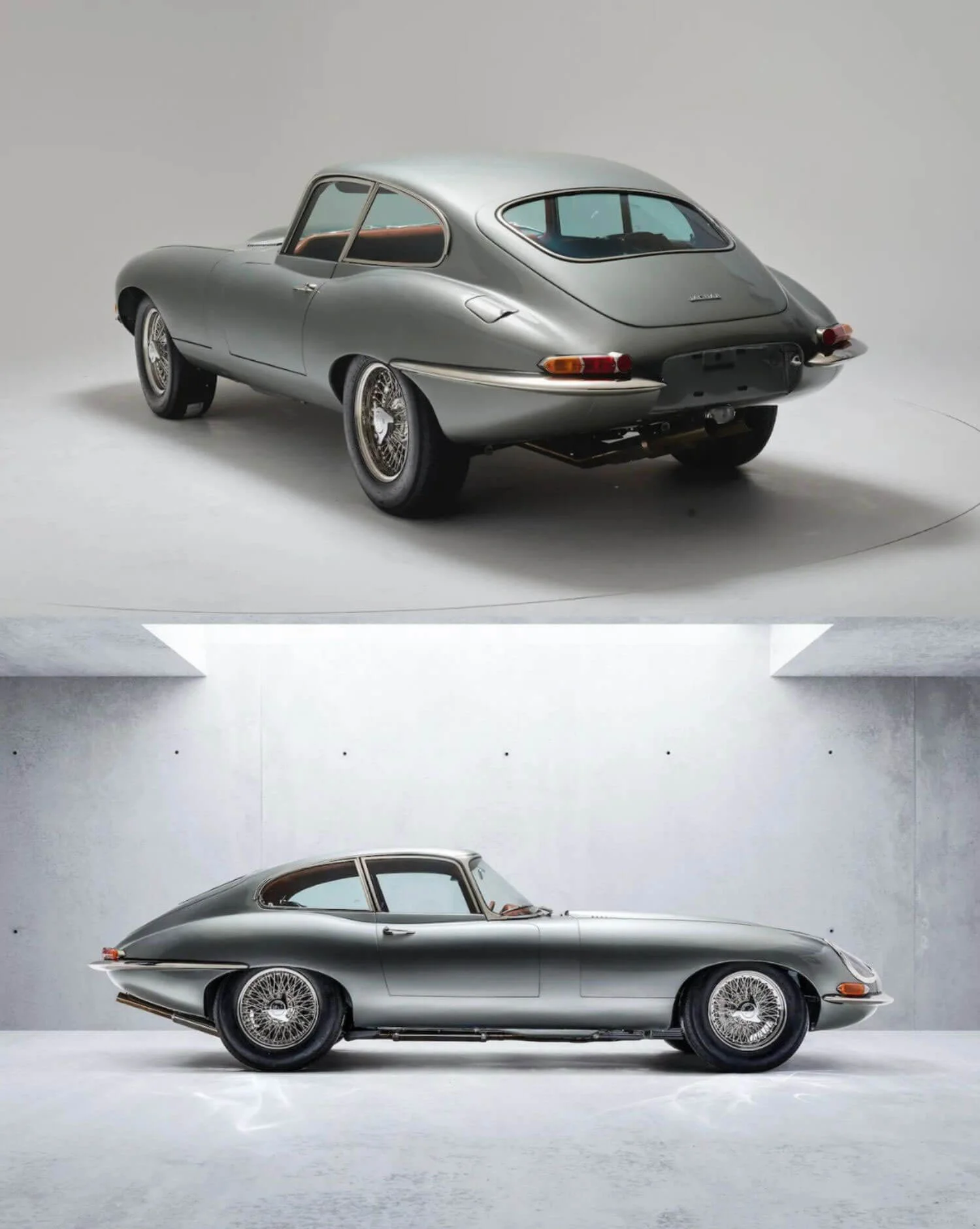 Rear and side studio views of a silver coupe