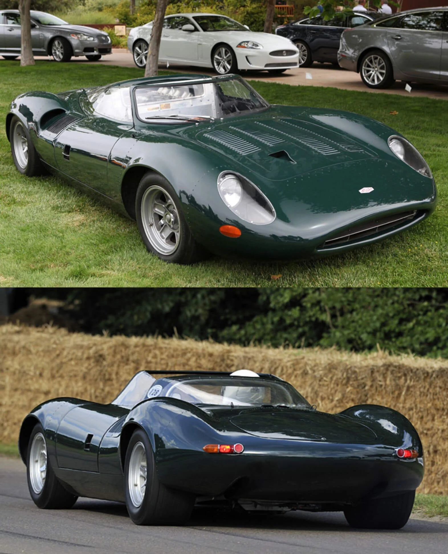 Two views of a low green sports car on a lawn