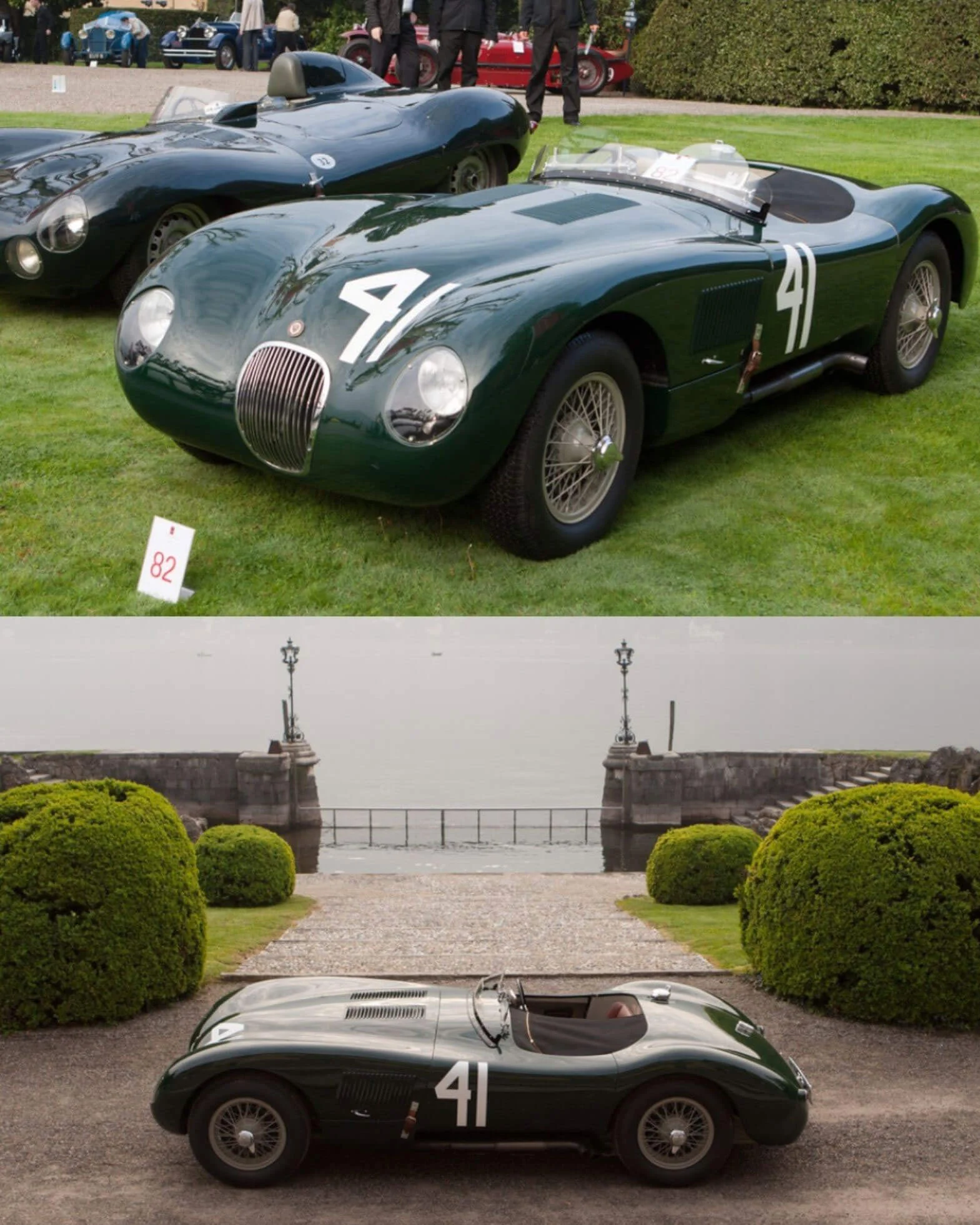 Paired views of a green numbered racing car