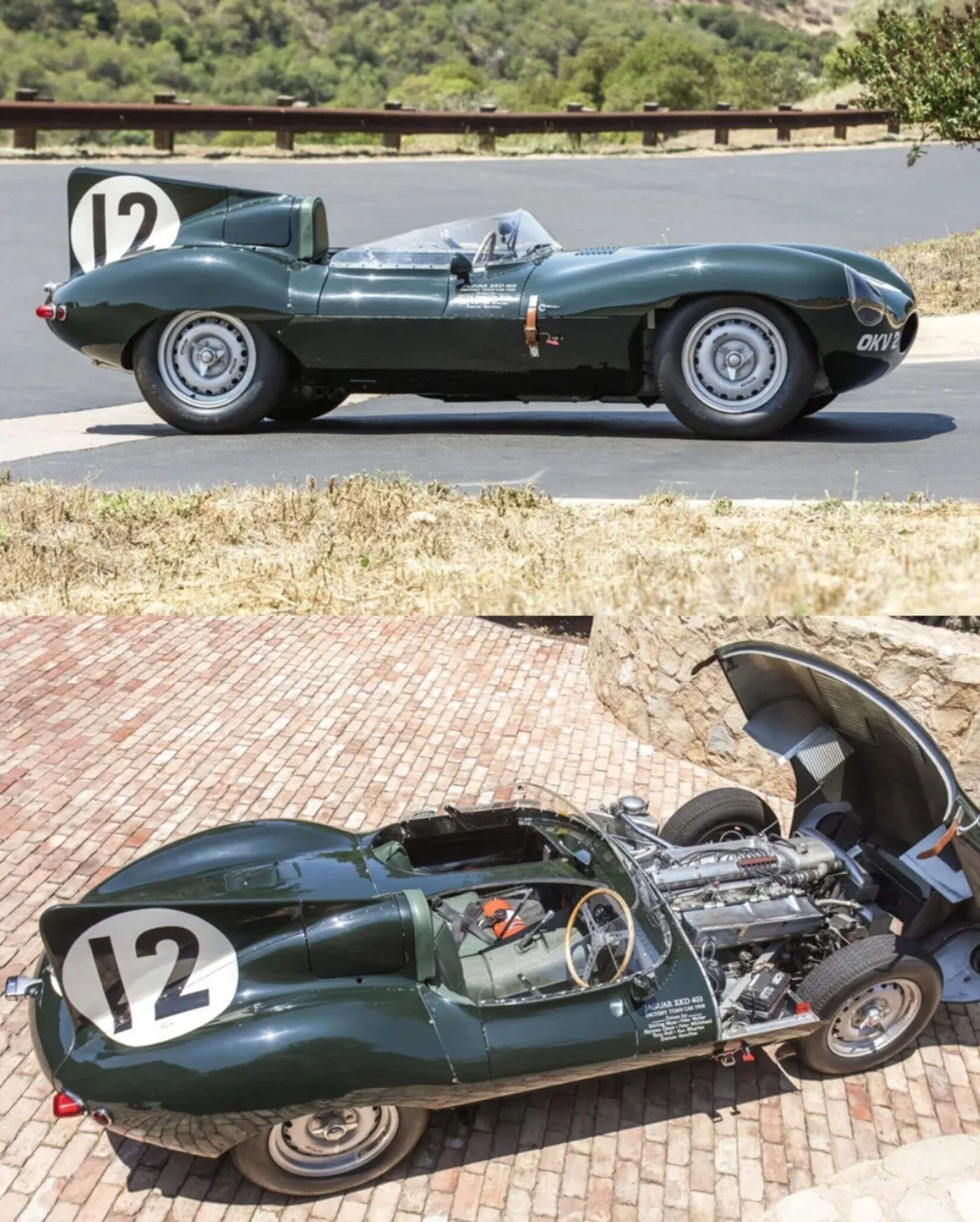 Side and overhead views of an open green sports car