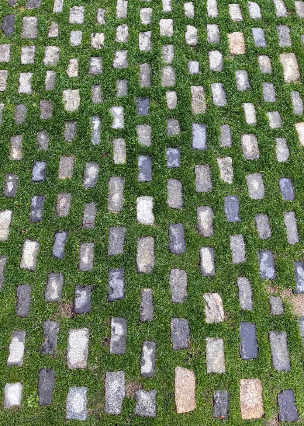 Rectangular stone pavers set into grass